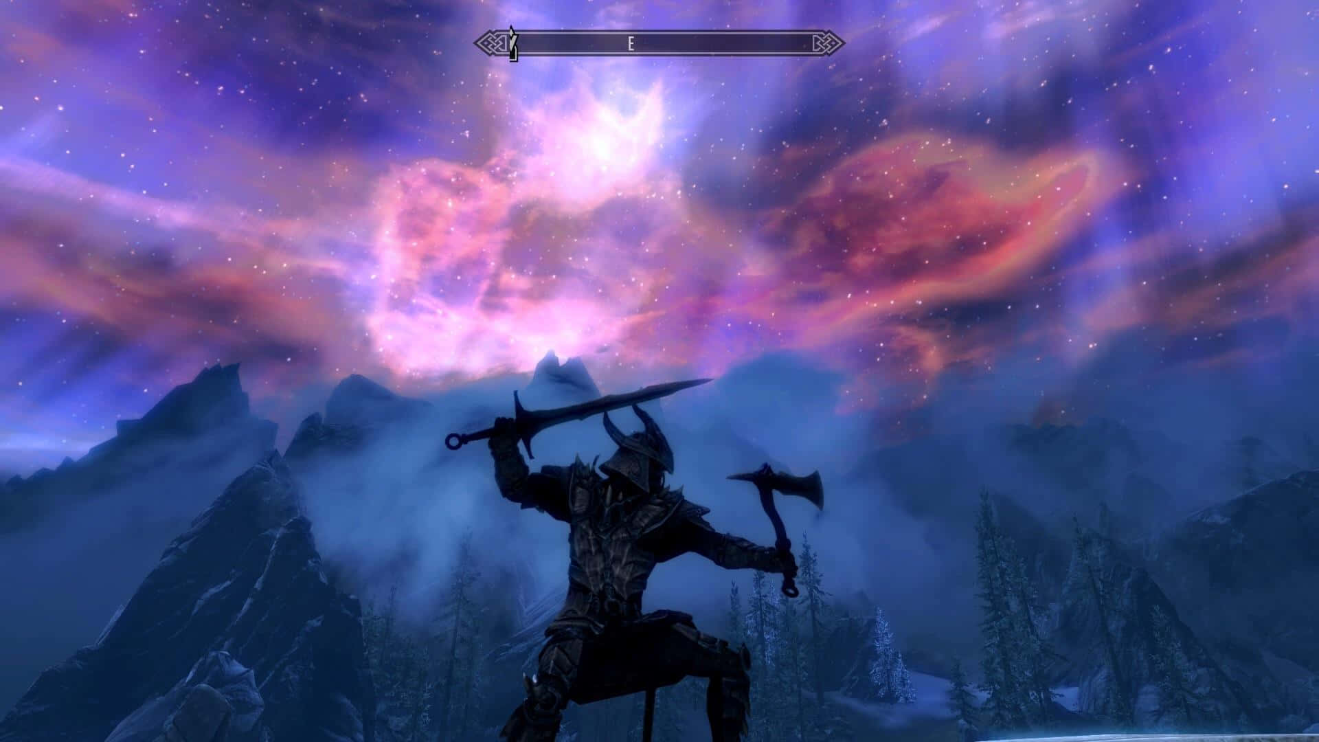Sovngarde 桌布 壁紙 — 一名身穿暗色盔甲的戰士在雪峰上凱旋，背景是充滿活力的紫色和粉紅色星雲天空。
