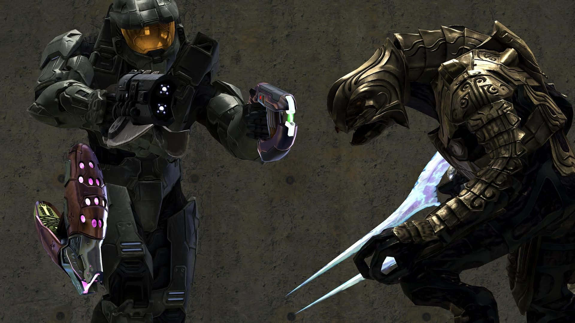 Halo Arbiter 桌布 壁紙 — 一名身穿暗色盔甲的斯巴達戰士在 gritty 工業環境中面對一個帶有發光刀刃的威脅性外星人。