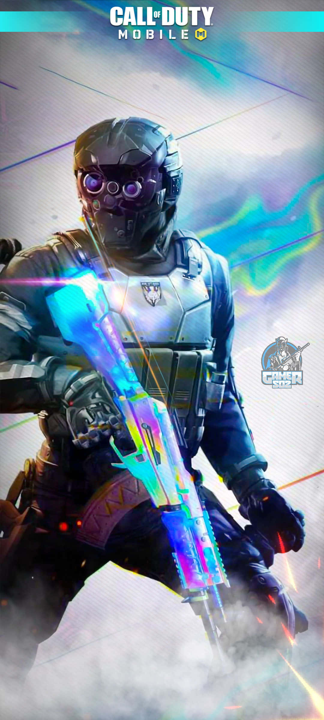 Cod Mobile Character Skins 桌布 壁紙 — 一名身穿暗色盔甲的未來戰士，在煙霧繚繞的抽象背景中揮舞著發光的彩虹武器。