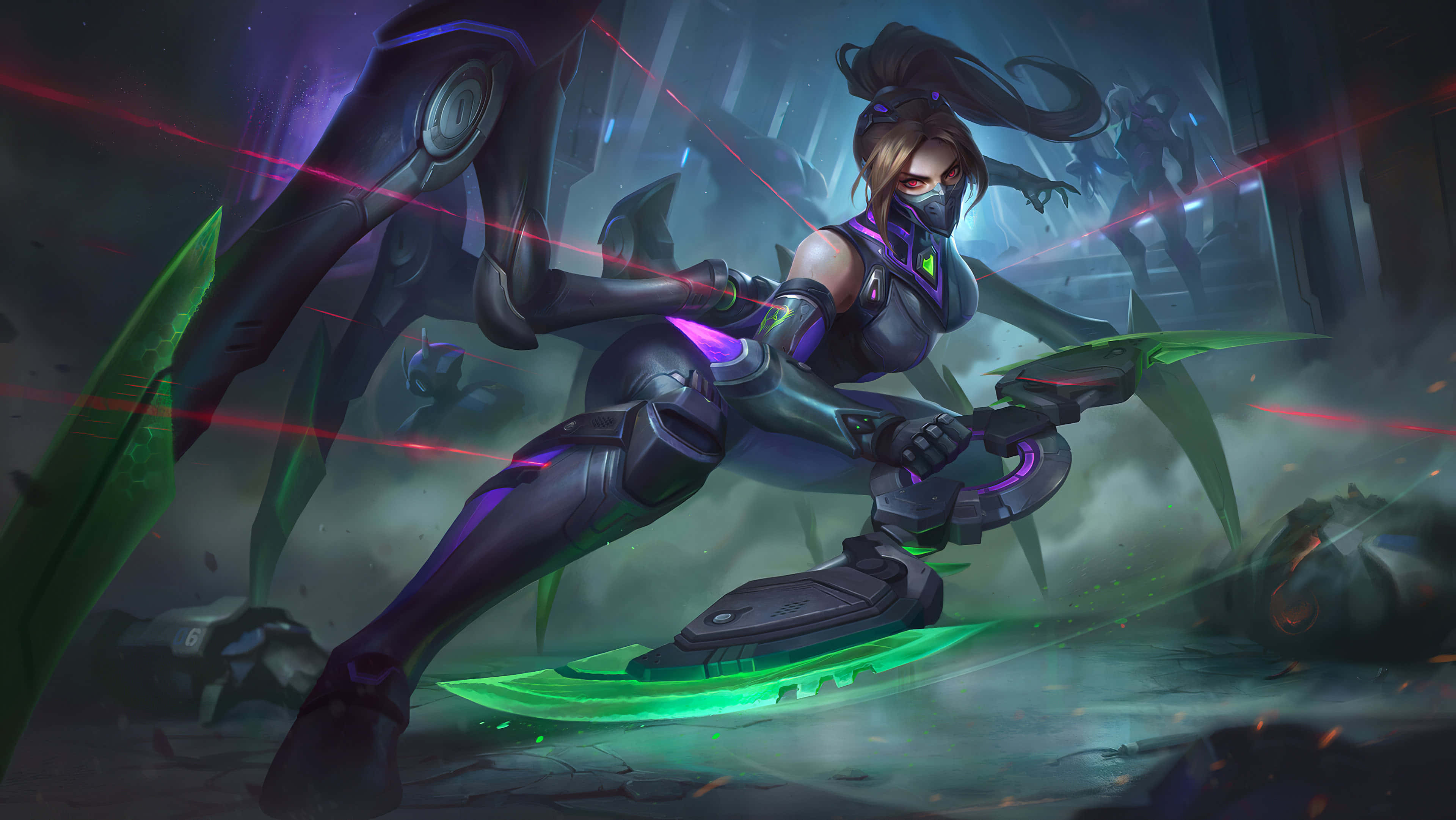 Mobile Gaming 桌布 壁紙 — 一名身穿暗色盔甲的賽博龐克戰士在未來廢墟中，於紅色激光束之間揮舞著發光的綠色刀刃。