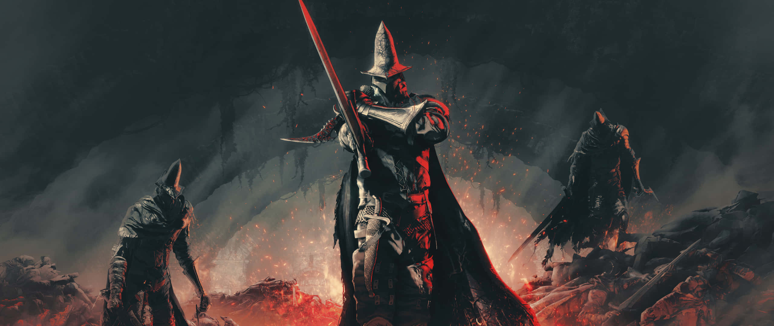 Dark Gaming 桌布 壁紙 — 一名身穿暗色盔甲的騎士在燃燒的廢墟中揮舞著發光的紅色劍，陰影人物站在荒涼的戰場上。