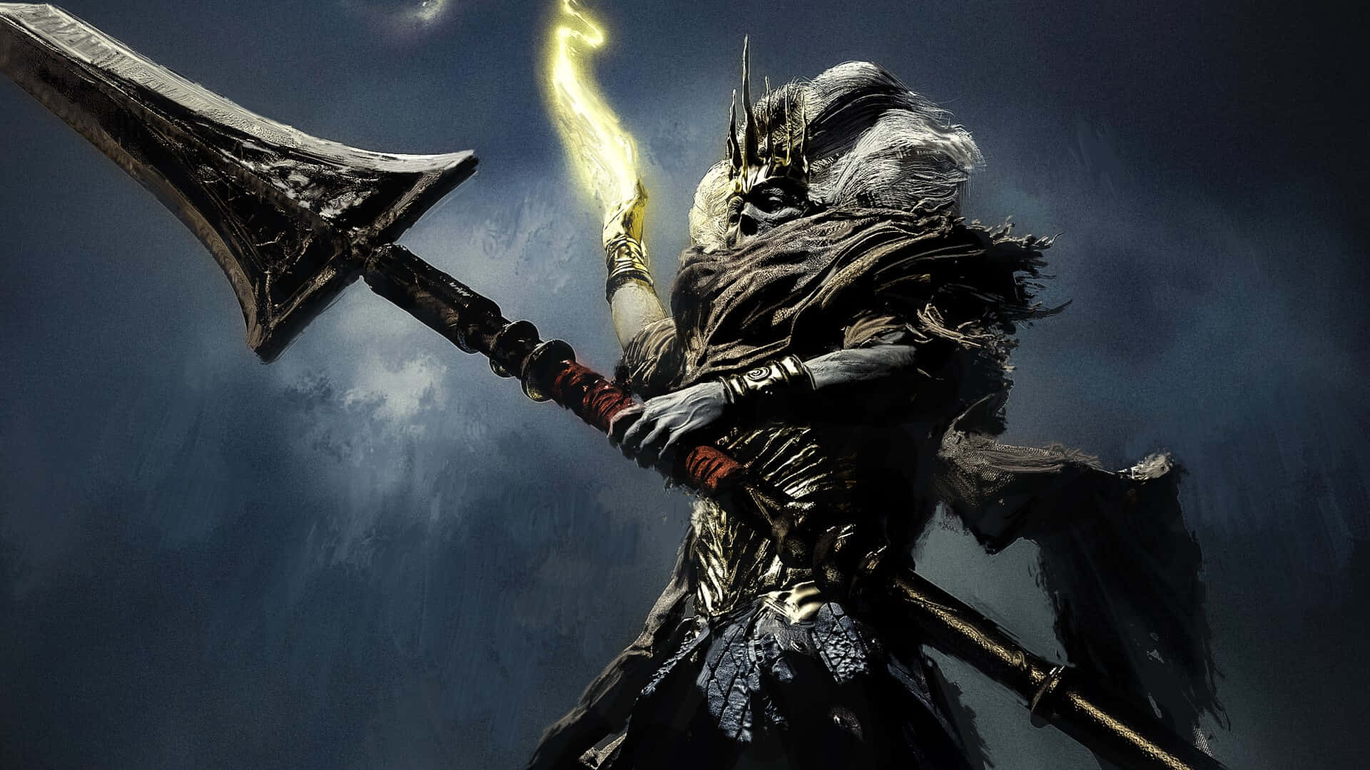 Nameless King 桌布 壁紙 — 一名身穿暗色鎧甲的戰士，在風暴暮色天空中揮舞著一把巨大的發光劍。