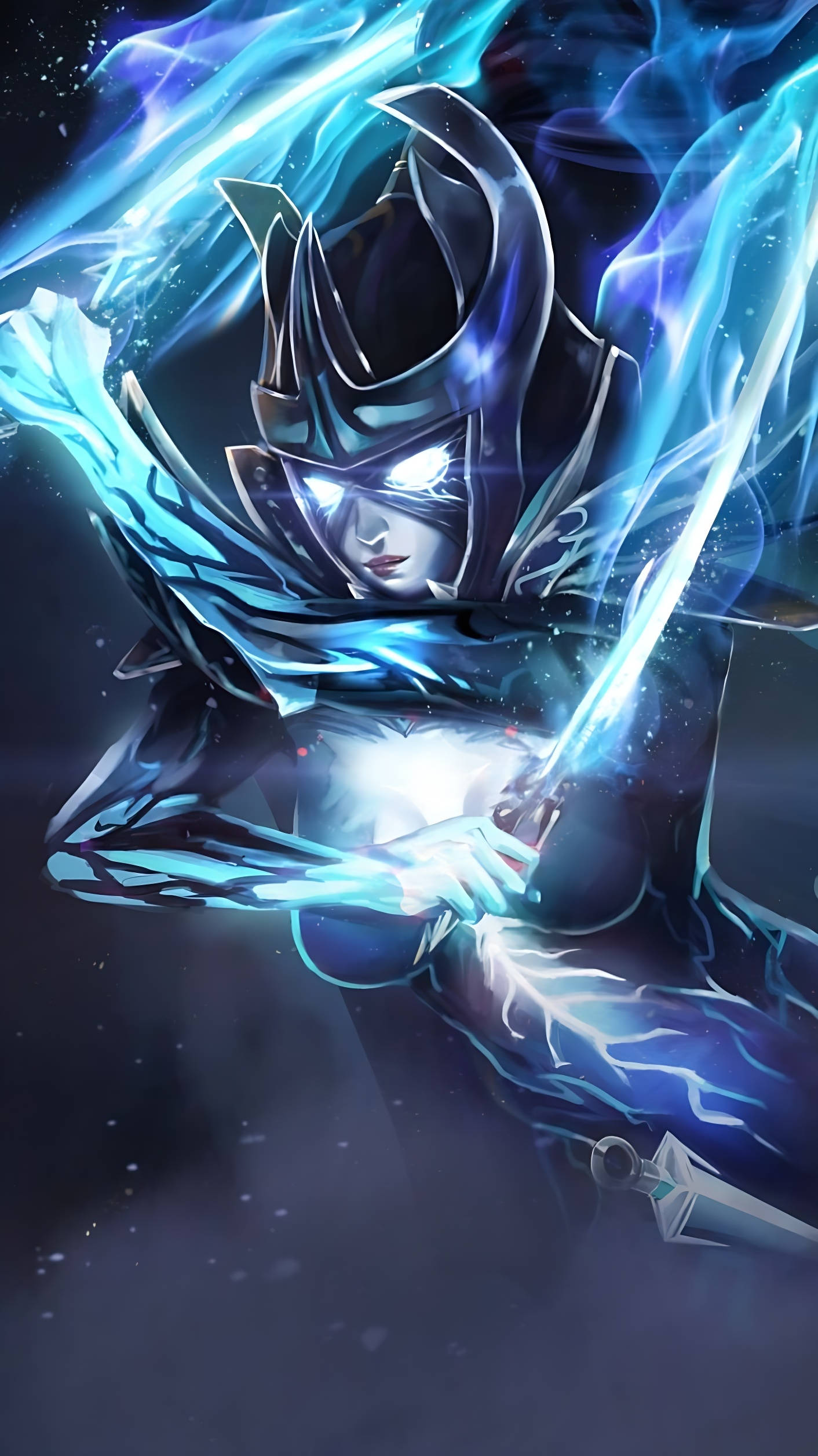 dota 2 iPhone 桌布 壁紙 — 一名身穿暗色鎧甲的戰士，帶著發光的藍色能量，揮舞著一把閃耀的劍，背景是宇宙星空。