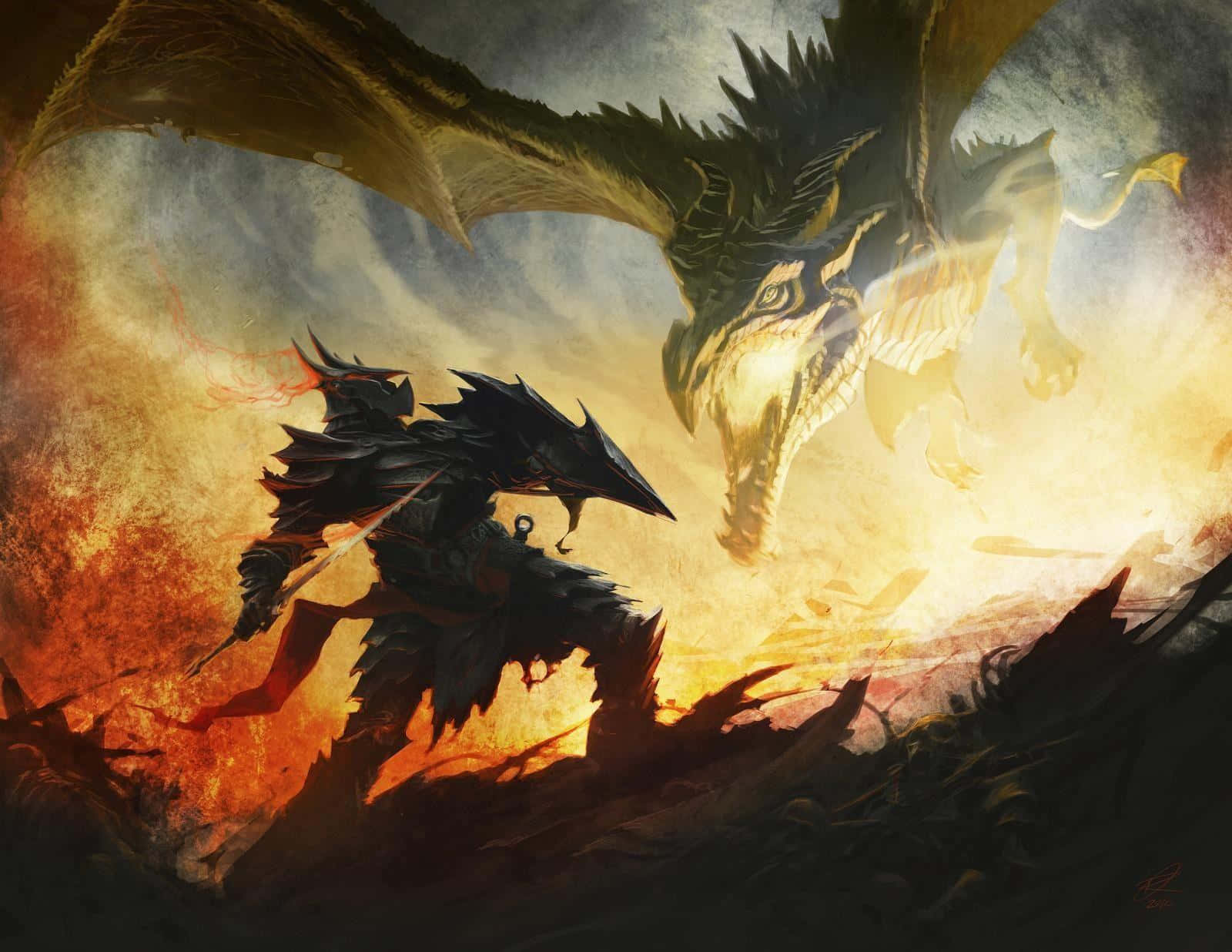 Skyrim Dragonborn 桌布 壁紙 — 一名身穿暗色鎧甲的戰士在烈焰混亂和崩塌的廢墟中，挑釁地站在一條巨龍面前。