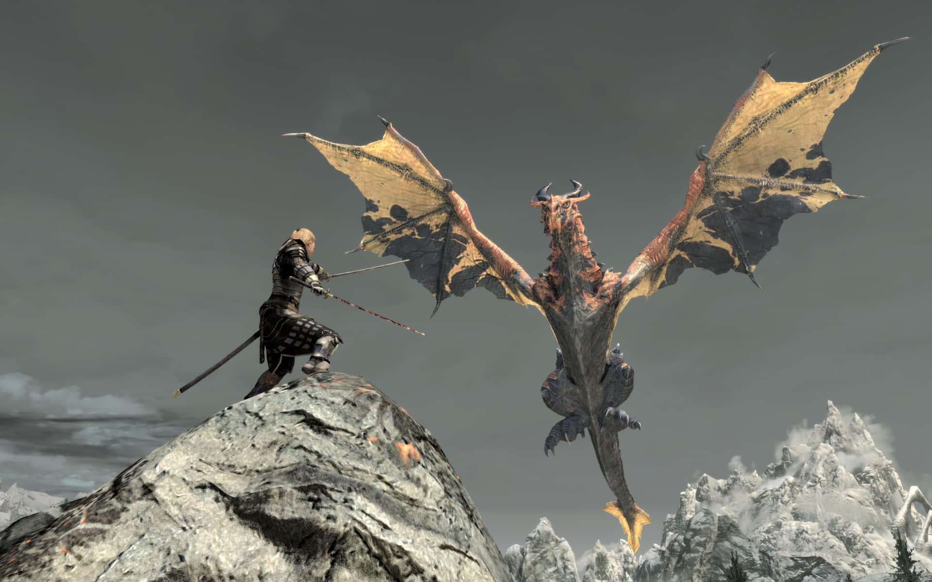 Skyrim Delphine 桌布 壁紙 — 一名身穿暗色鎧甲的戰士站在岩石山峰上，面對著一隻翅膀破爛的巨龍，背景是暴風雨的天空。