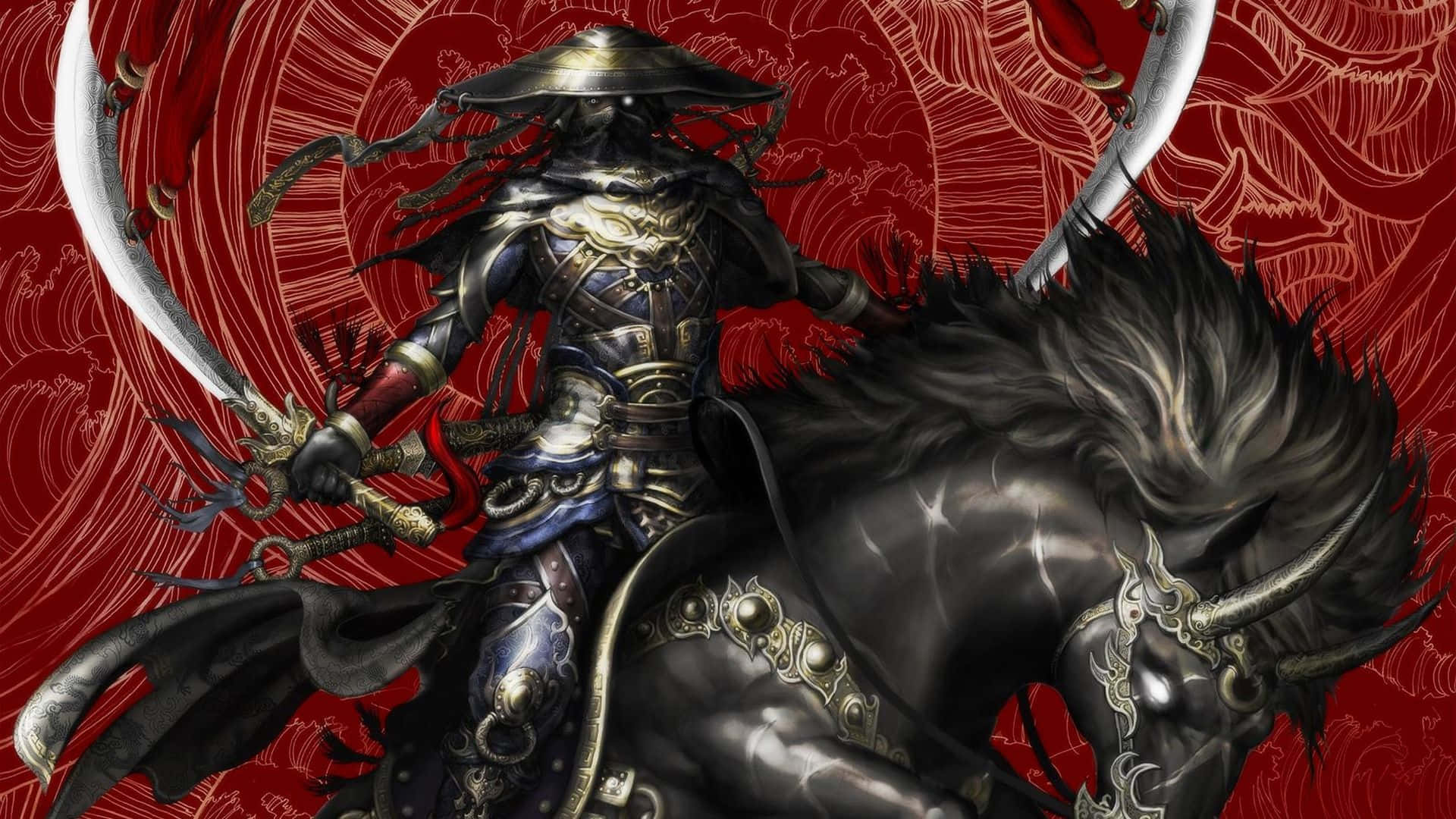 Samurai Armor 桌布 壁紙 — 一名身穿暗色鎧甲的武士騎著黑馬，配有華麗的銀色盔甲和彎刀，背景是旋轉的紅色。