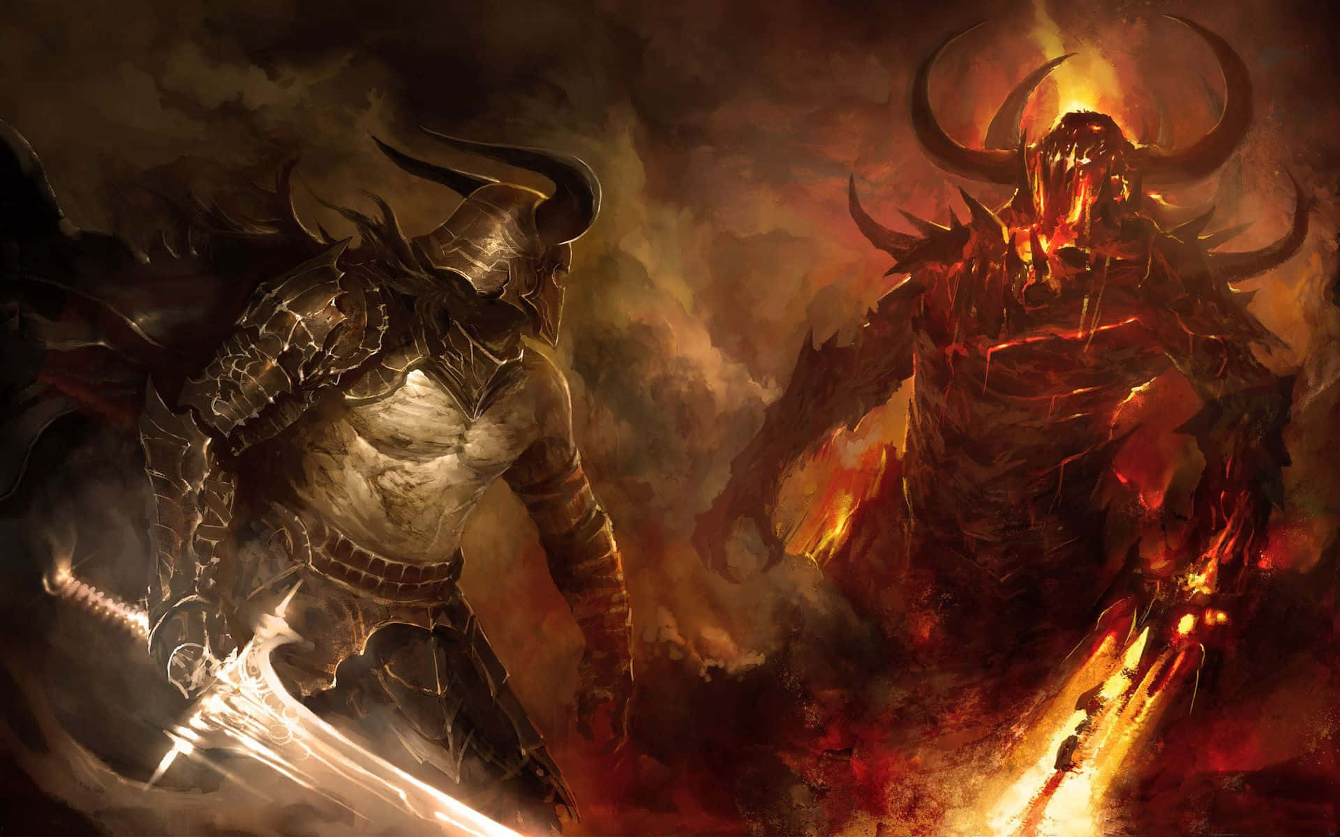 Demon Fighting 桌布 壁紙 — 一名身穿暗色鎧甲的騎士在煙霧瀰漫的地獄戰場上與一個火焰惡魔交鋒。