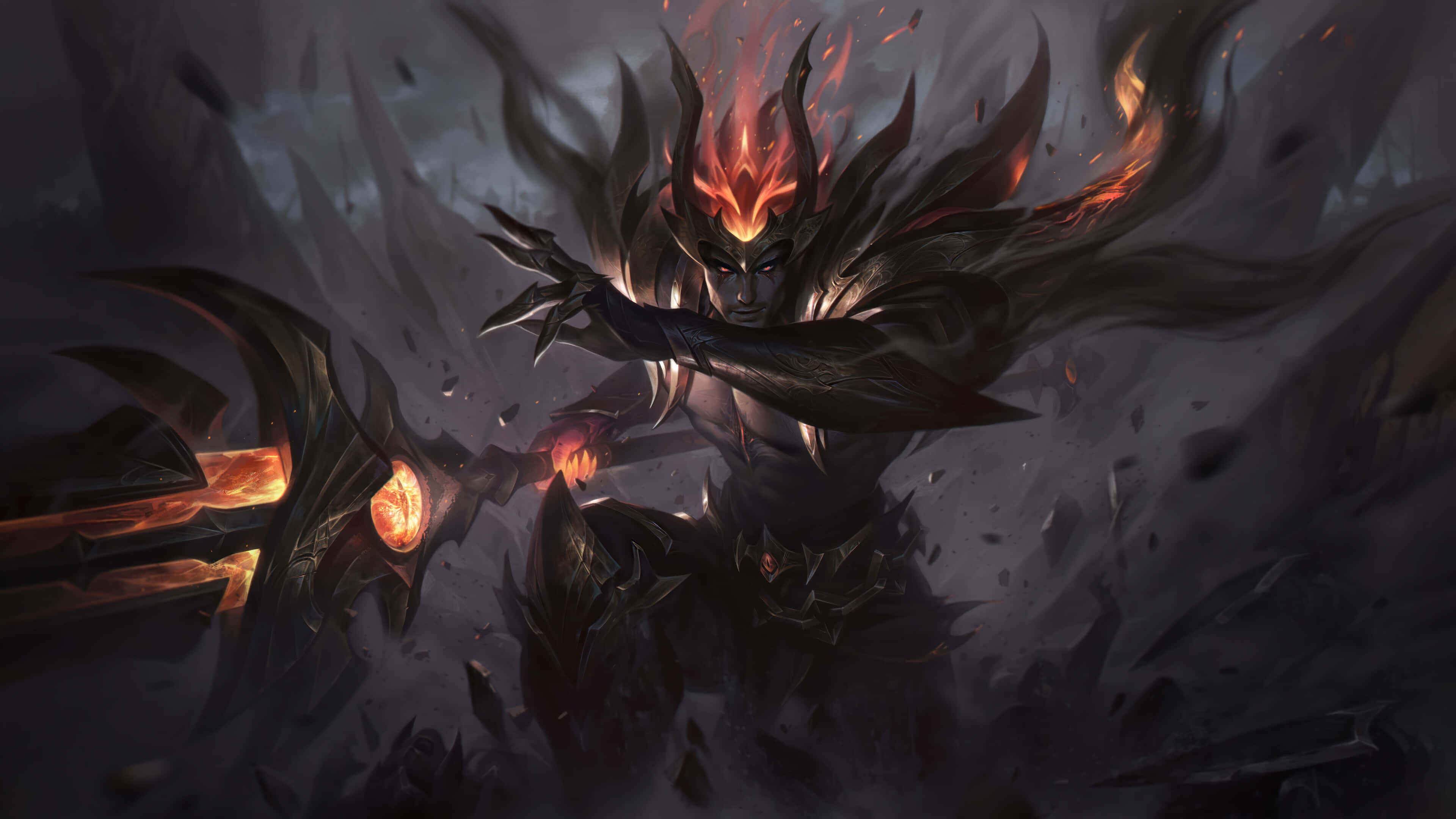 League Of Legends Champions 桌布 壁紙 — 一名身穿暗黑盔甲的戰士，頭戴火焰王冠，雙眼發光，在破碎的瓦礫中揮舞著火焰武器。