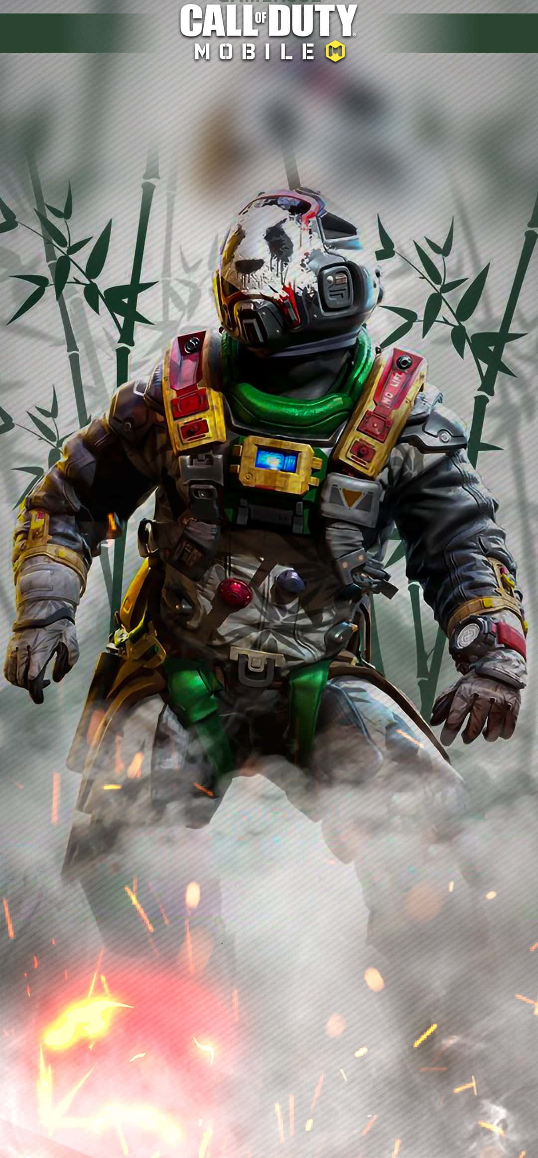 Cod Mobile Character Skins 桌布 壁紙 — 一名身穿未來戰鬥裝備的士兵站在竹林中，下方有熾熱爆炸產生的火花飛濺。