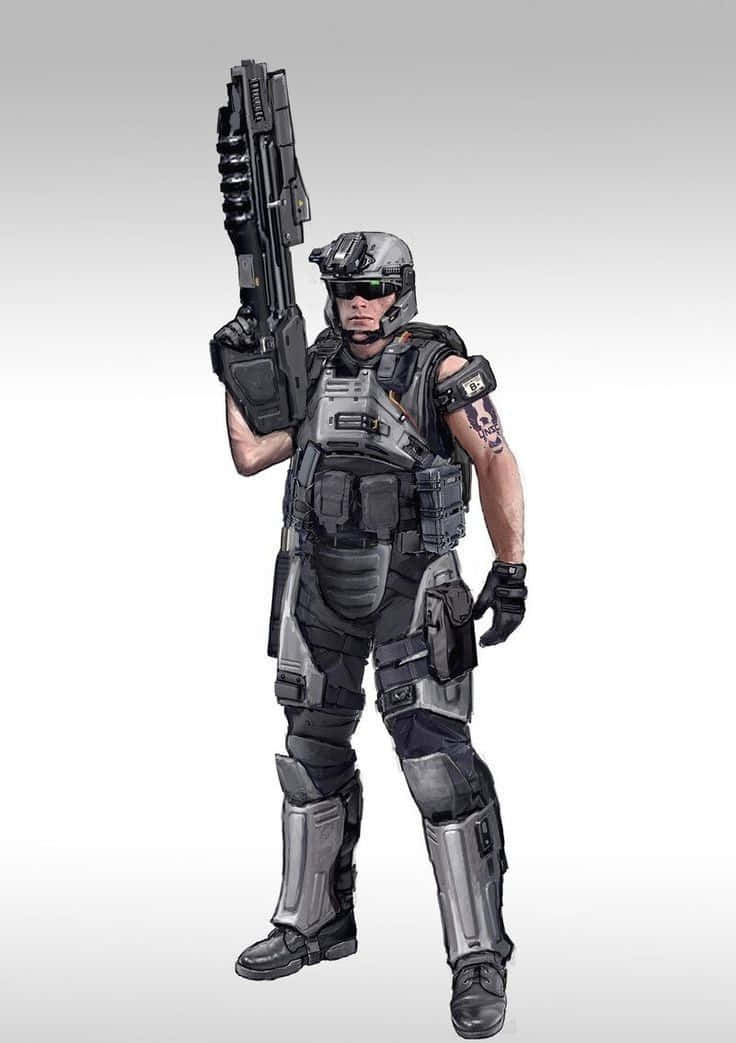 Halo Unsc 桌布 壁紙 — 一名身穿未來戰鬥裝備的重裝士兵，在純色背景前手持大型武器。