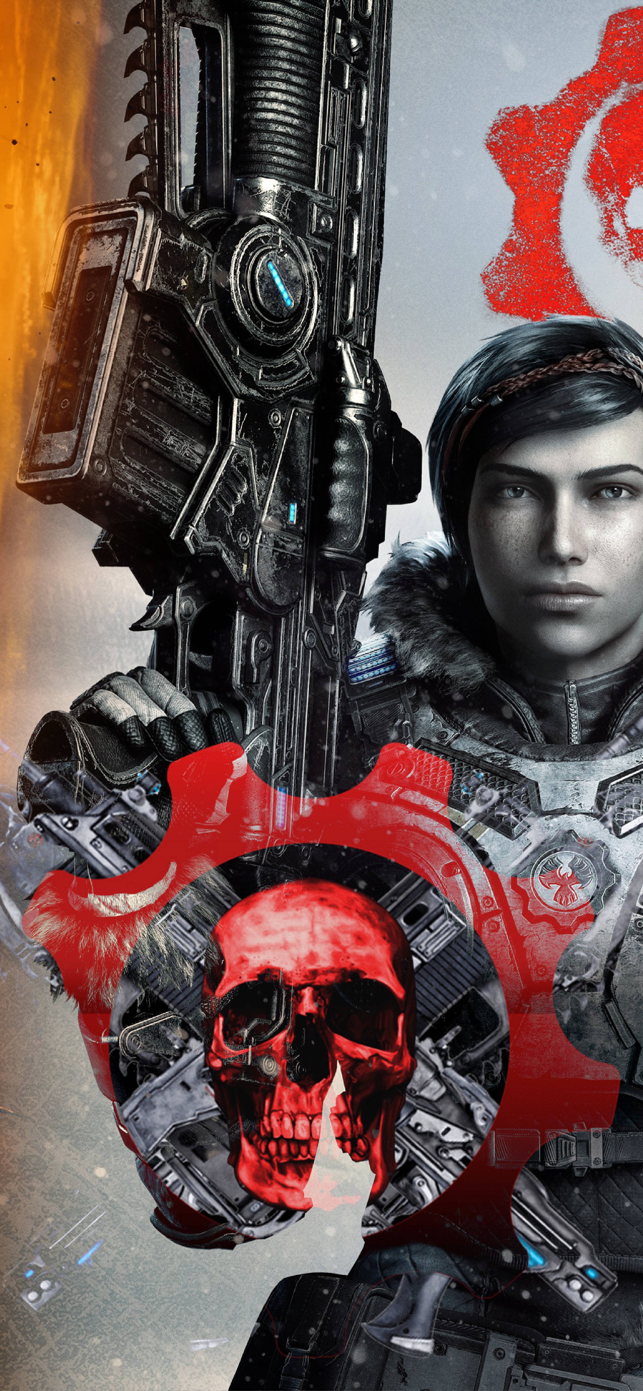 gears 5 iPhone 桌布 壁紙 — 一名身穿未來盔甲的士兵，在熾熱背景下手持巨大武器，並帶有發光的紅色骷髏標誌。