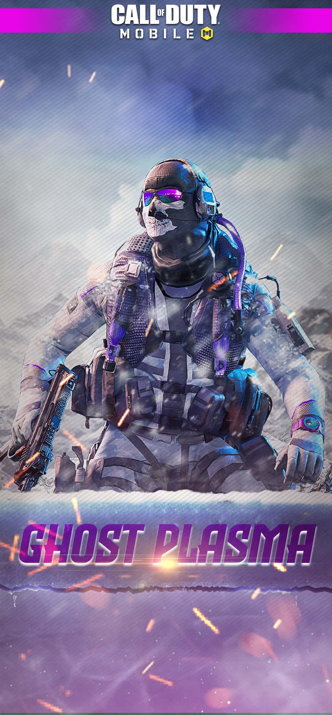Cod Mobile Character Skins 桌布 壁紙 — 一名身穿未來裝備、帶有發光紫色等離子效果的士兵，在Call of Duty Mobile桌布中於暴風雨天空下準備就緒。