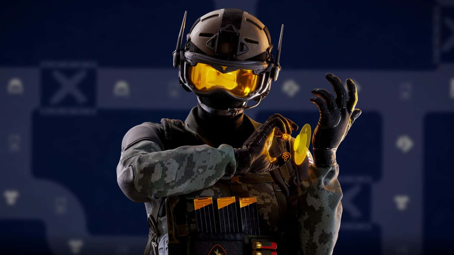 Rainbow Six Siege Jager 桌布 壁紙 — 一名身穿未來裝備、戴著發光黃色護目鏡的士兵，在深藍色數位背景前手持一個發光的黃色圓盤。