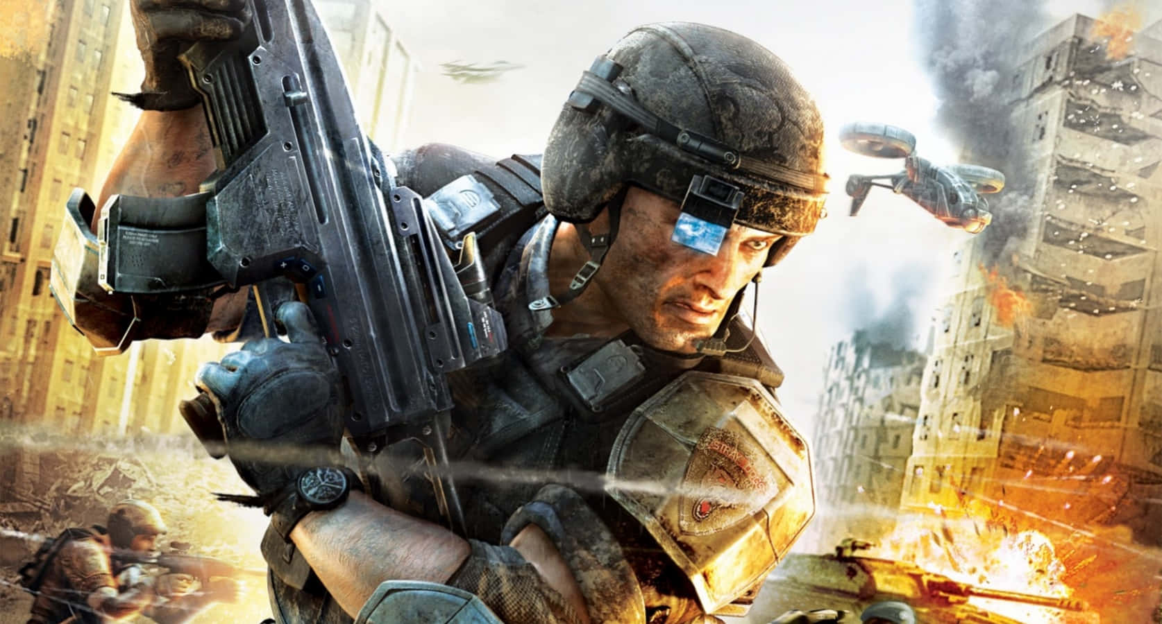 game 桌布 壁紙 — 一名身穿未來裝備的士兵在燃燒的城市戰場中，在飛行的無人機和爆炸中瞄準重型武器。