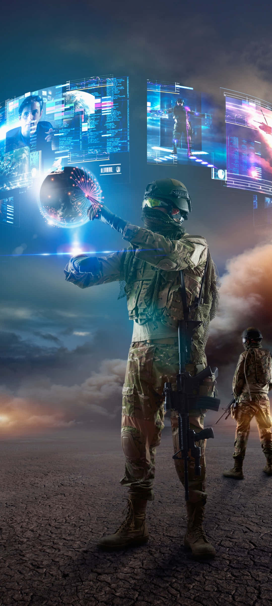 virtual reality 桌布 壁紙 — 一名身穿未來裝備的士兵手持發光球體，全息屏幕漂浮在黃昏時分龜裂的沙漠戰場上空。