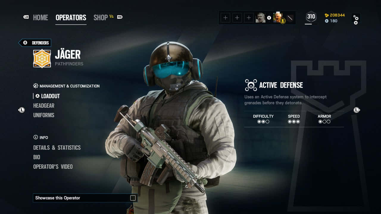 Rainbow Six Siege Jager 桌布 壁紙 — 一名身穿未來裝備的戰術士兵，在黑暗的遊戲UI背景下持步槍。