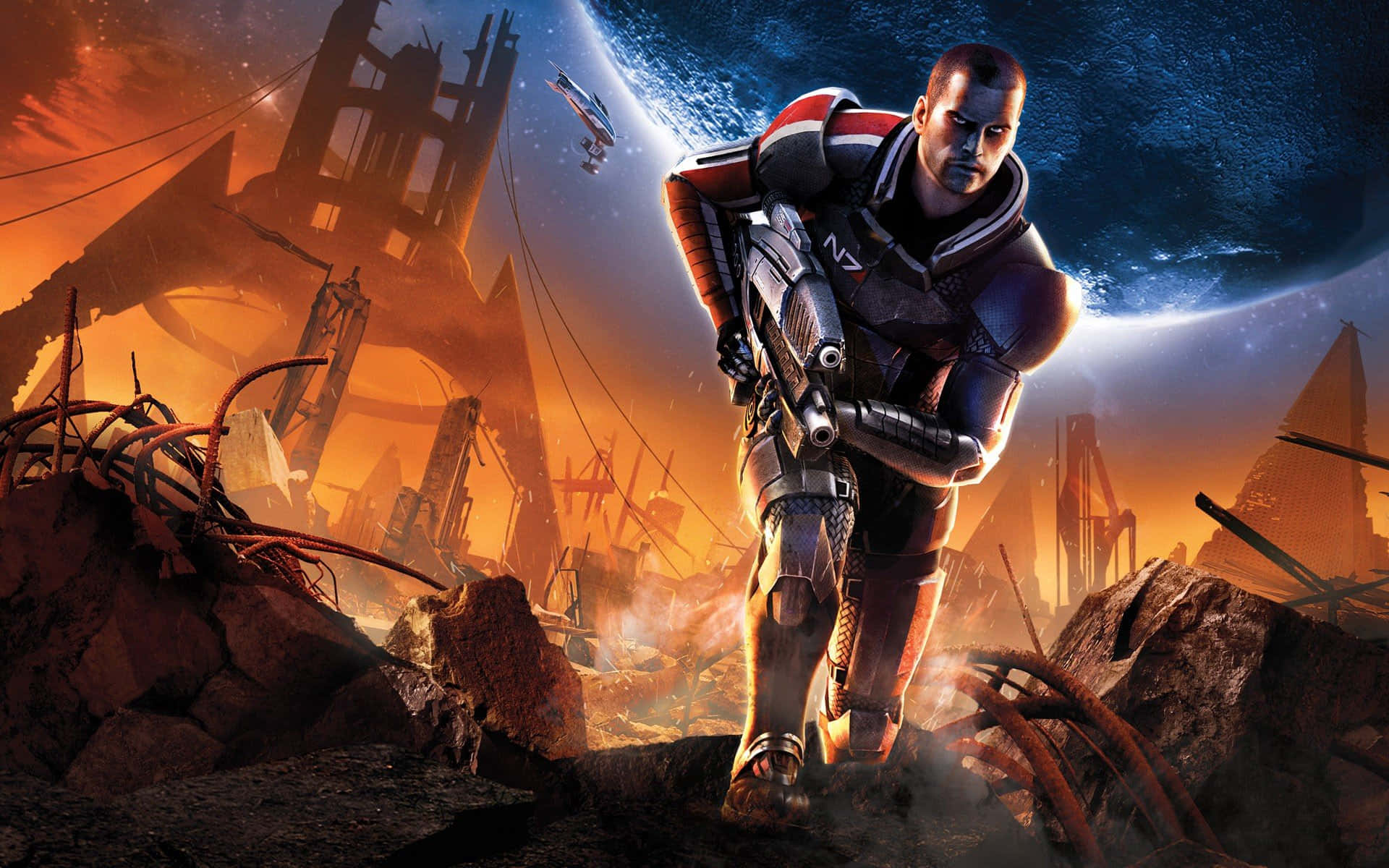 Commander Shepard 桌布 壁紙 — 一名身穿未來裝甲的士兵，在發光行星下穿過廢墟的外星城市景觀。