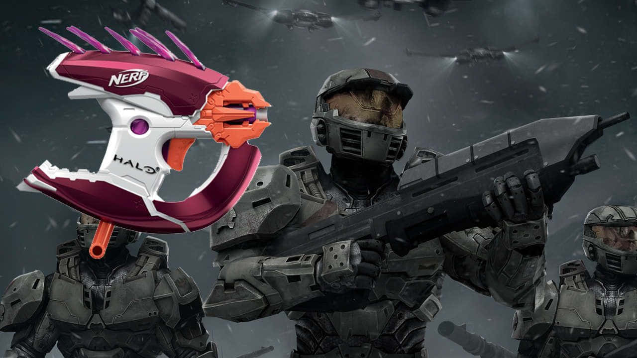 Halo Needler 桌布 壁紙 — 一名身穿未來裝甲的士兵，在風暴戰場背景下，手持Nerf Halo爆能槍，背景有飛行車輛。
