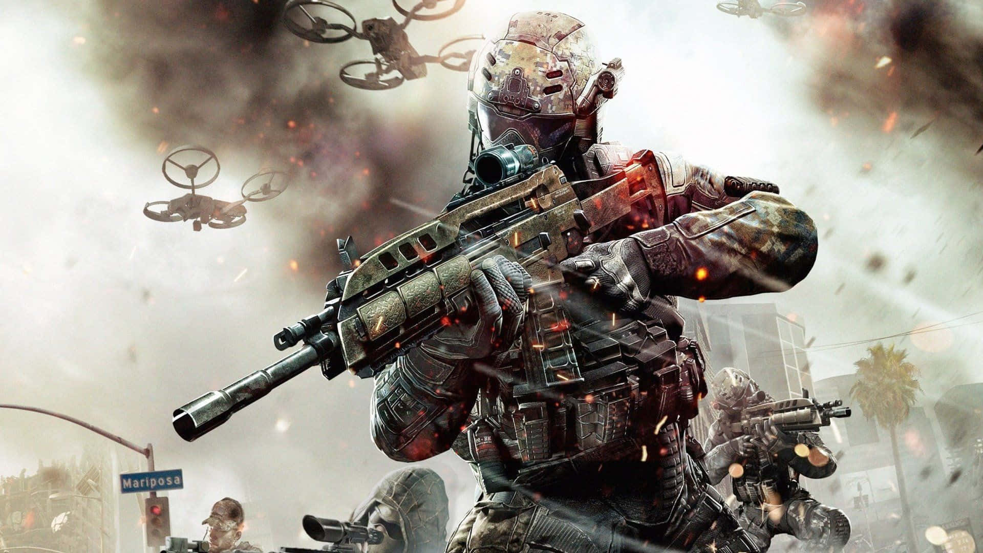 Call Of Duty First Person Shooter 桌布 壁紙 — 一名身穿未來裝甲的士兵在煙霧和無人機環繞的混亂城市戰場中開火。