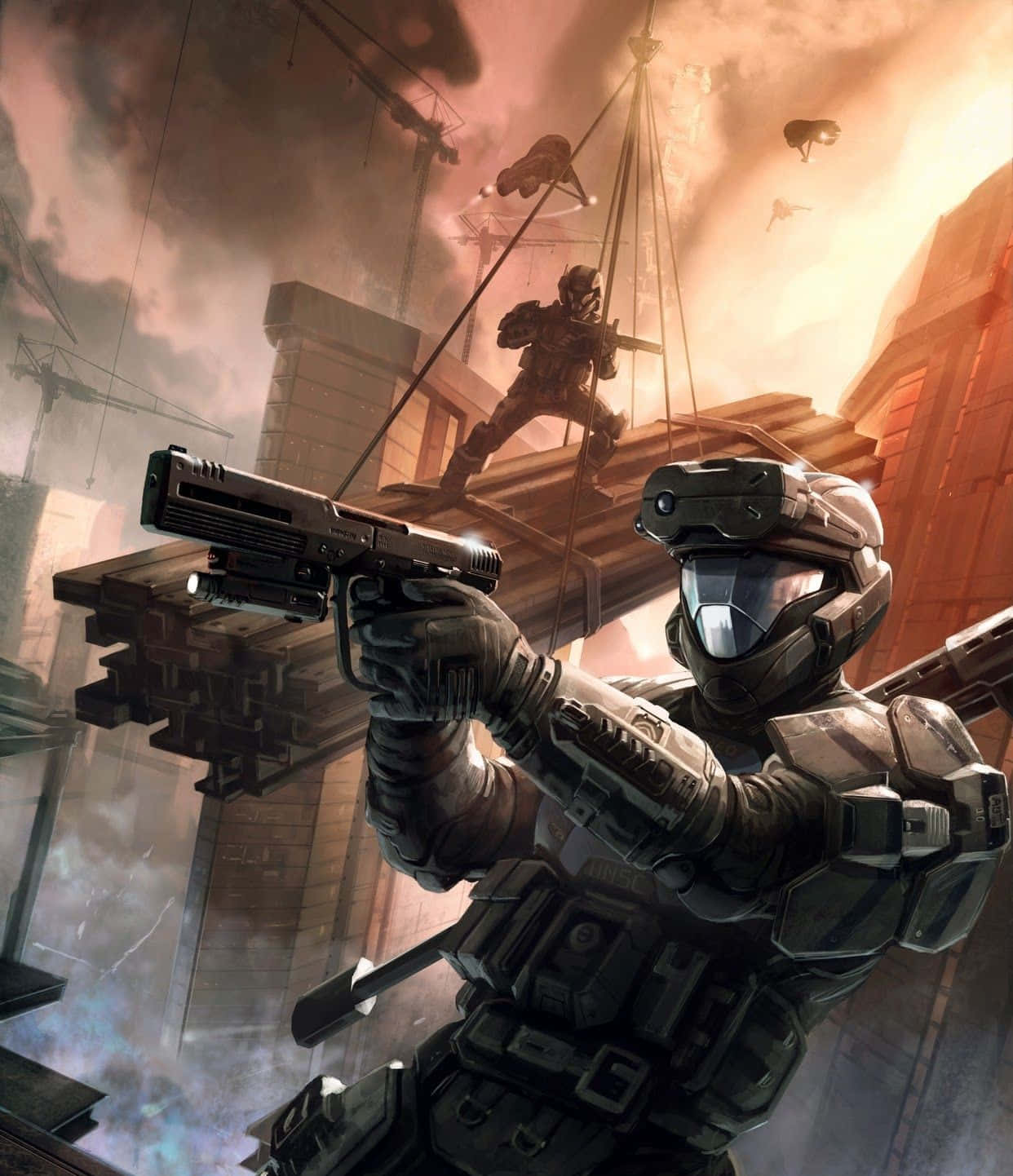 Halo Unsc 桌布 壁紙 — 一名身穿未來裝甲的士兵在熾熱橙色天空下，於 crumbling 城市廢墟中瞄準手槍。