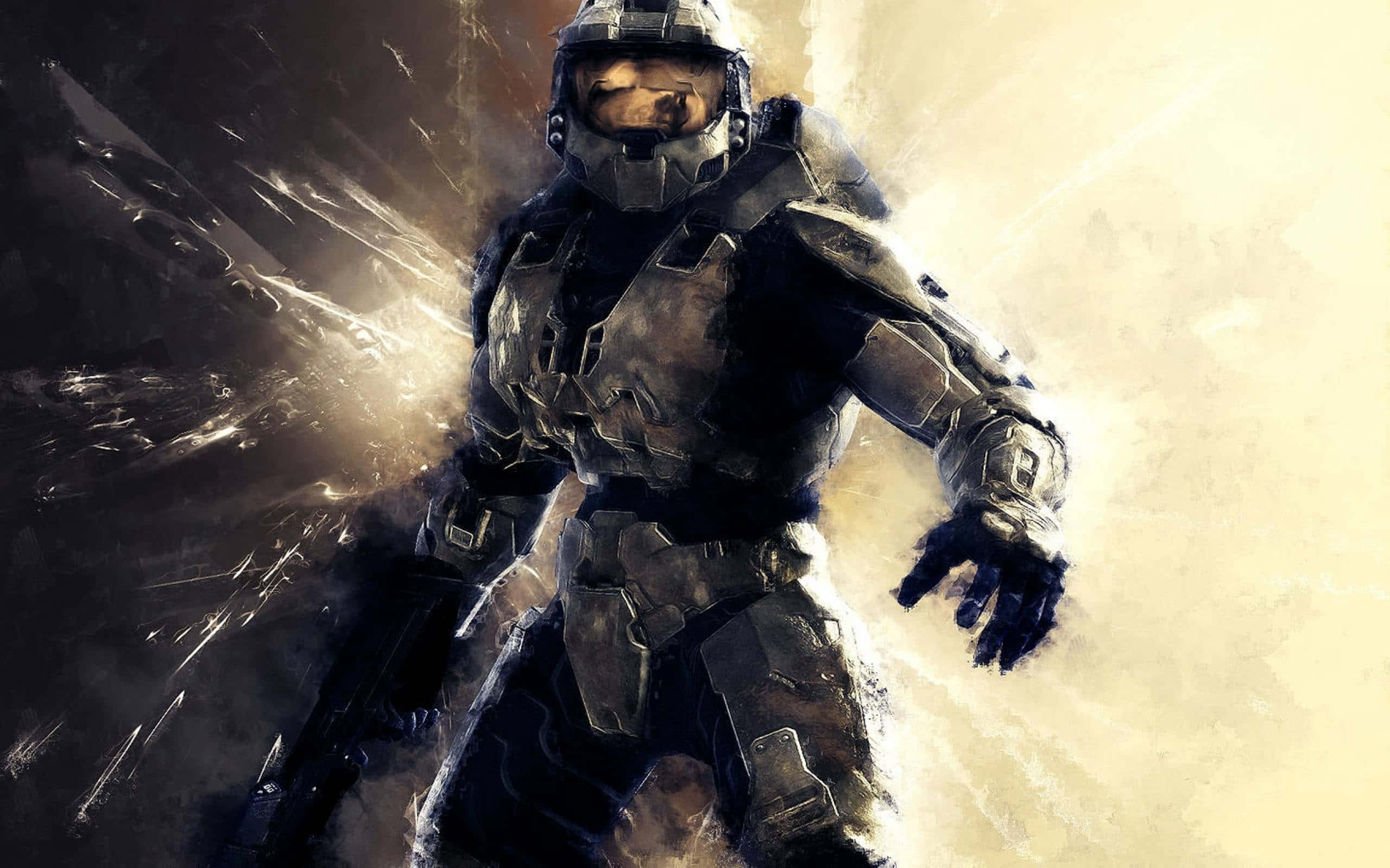 halo 桌布 壁紙 — 一名身穿未來裝甲的士兵在爆炸性的光芒和黑煙背景下挑釁地站立。