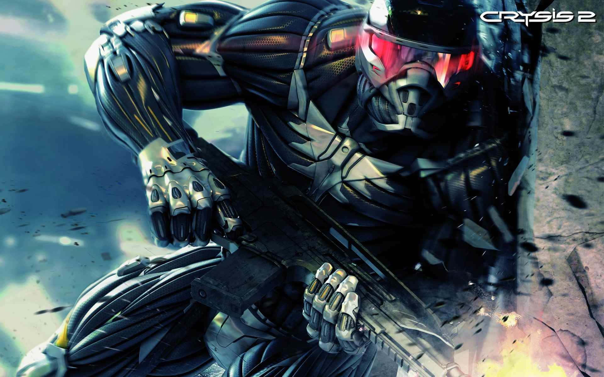 3d Gaming 桌布 壁紙 — 一名身穿未來裝甲的士兵在破碎的混凝土和發光的紅色護目鏡之間蹲下，手持步槍。