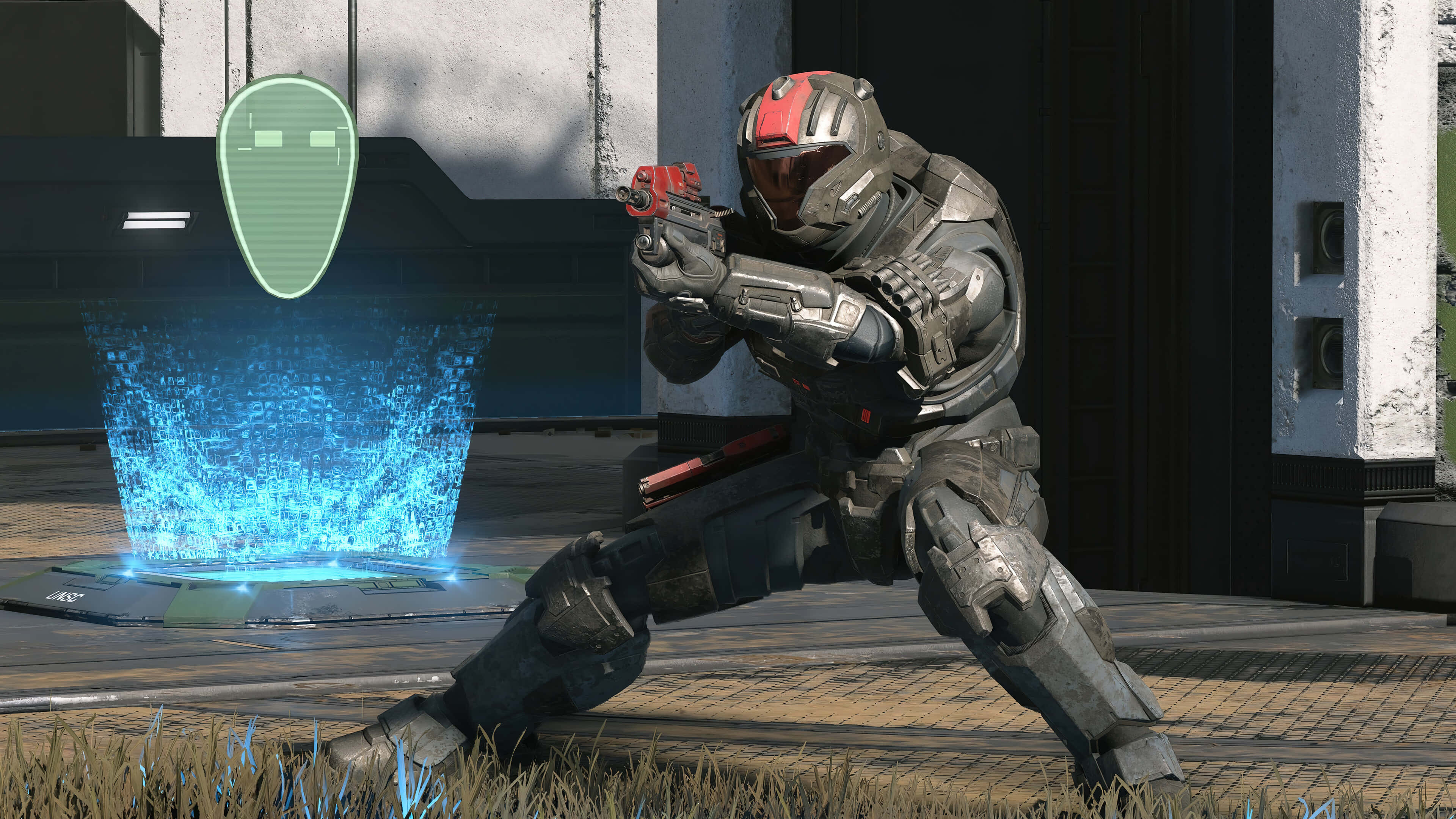 Fps 桌布 壁紙 — 一名身穿未來裝甲的士兵在科幻城市環境中，將武器瞄準一個發光的藍色全息外星人頭部。