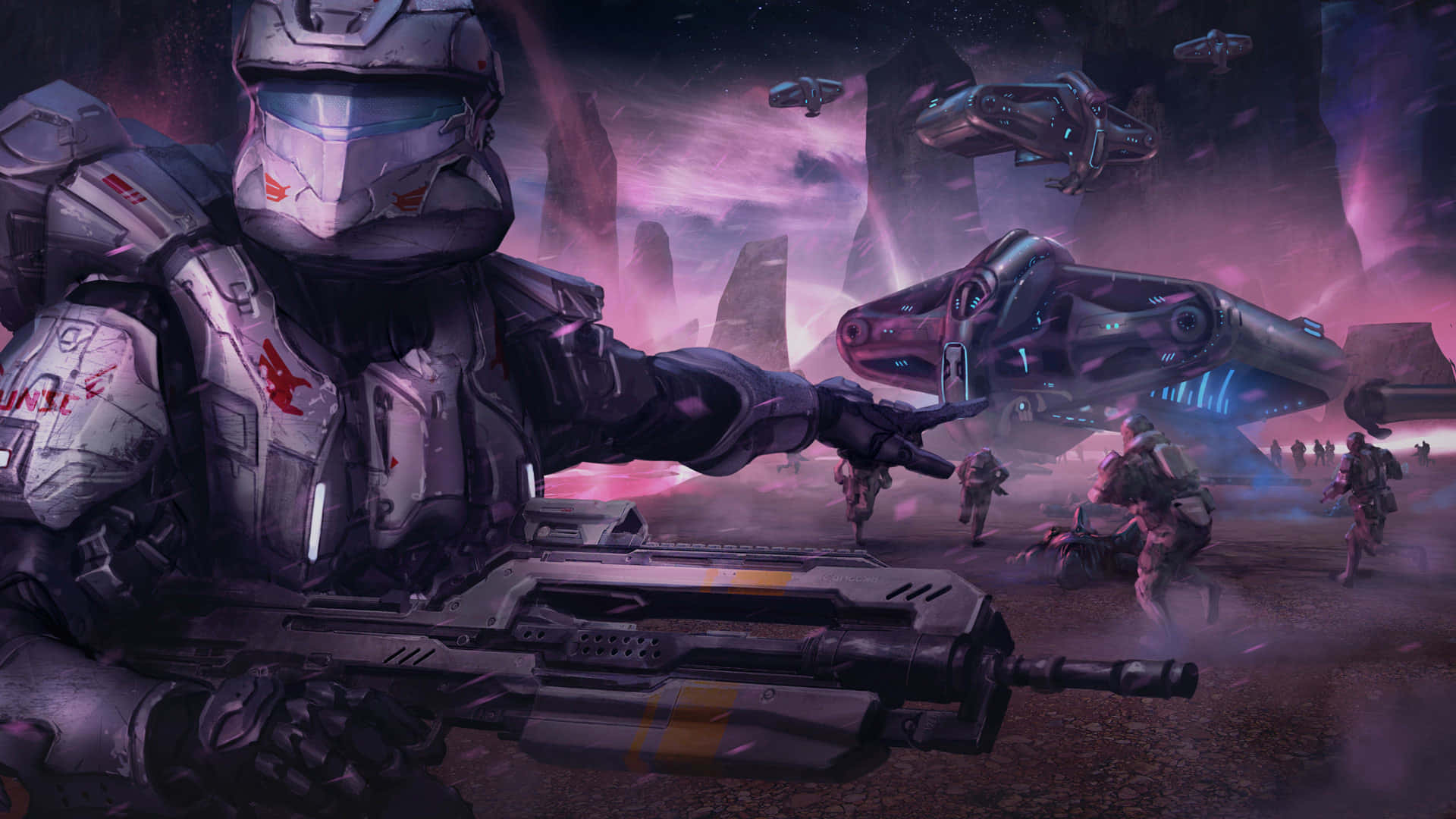 Halo Spartans 桌布 壁紙 — 一名身穿未來裝甲的士兵在紫色外星戰場上，將武器指向一艘發光的外星飛船。