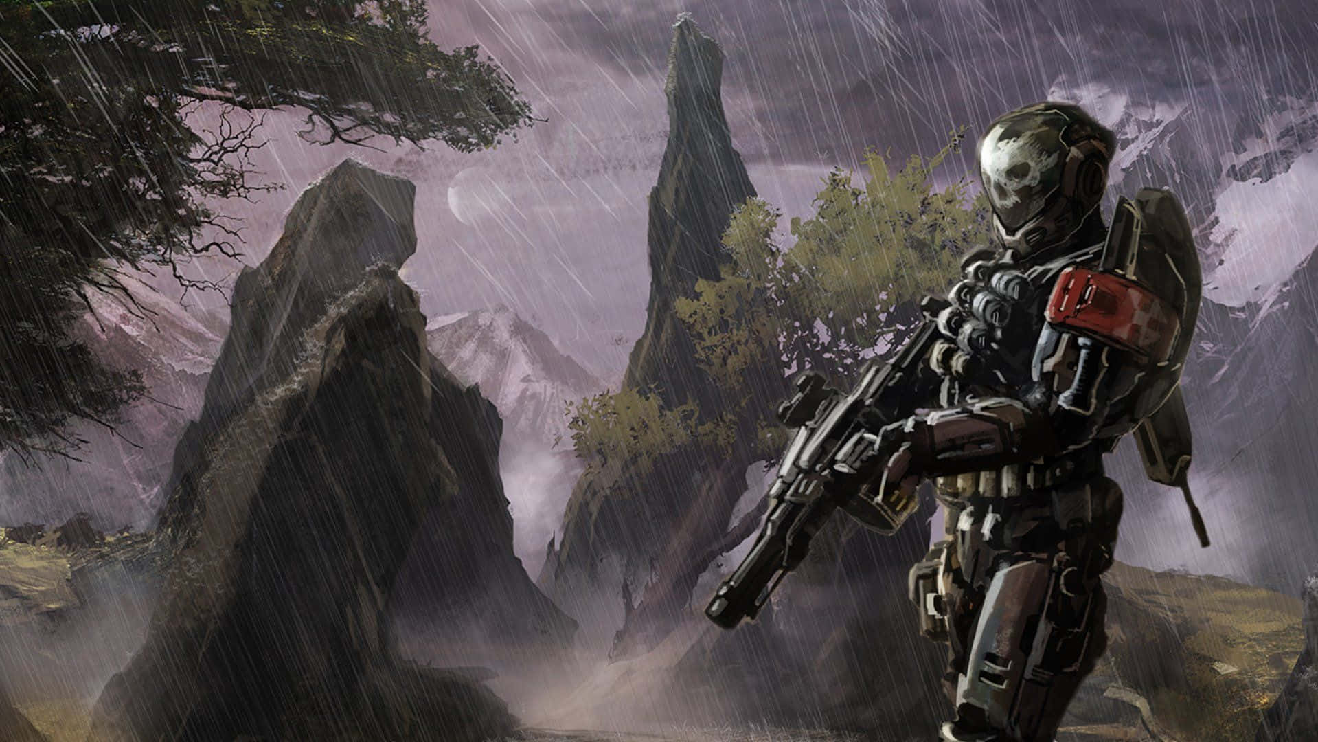 Halo Emile 桌布 壁紙 — 一名身穿未來裝甲的士兵站在被雨水浸透的外星峽谷中，周圍有鋸齒狀岩石 formations 和一個骷髏圖案頭盔，背景是暴風雨的紫色天空。