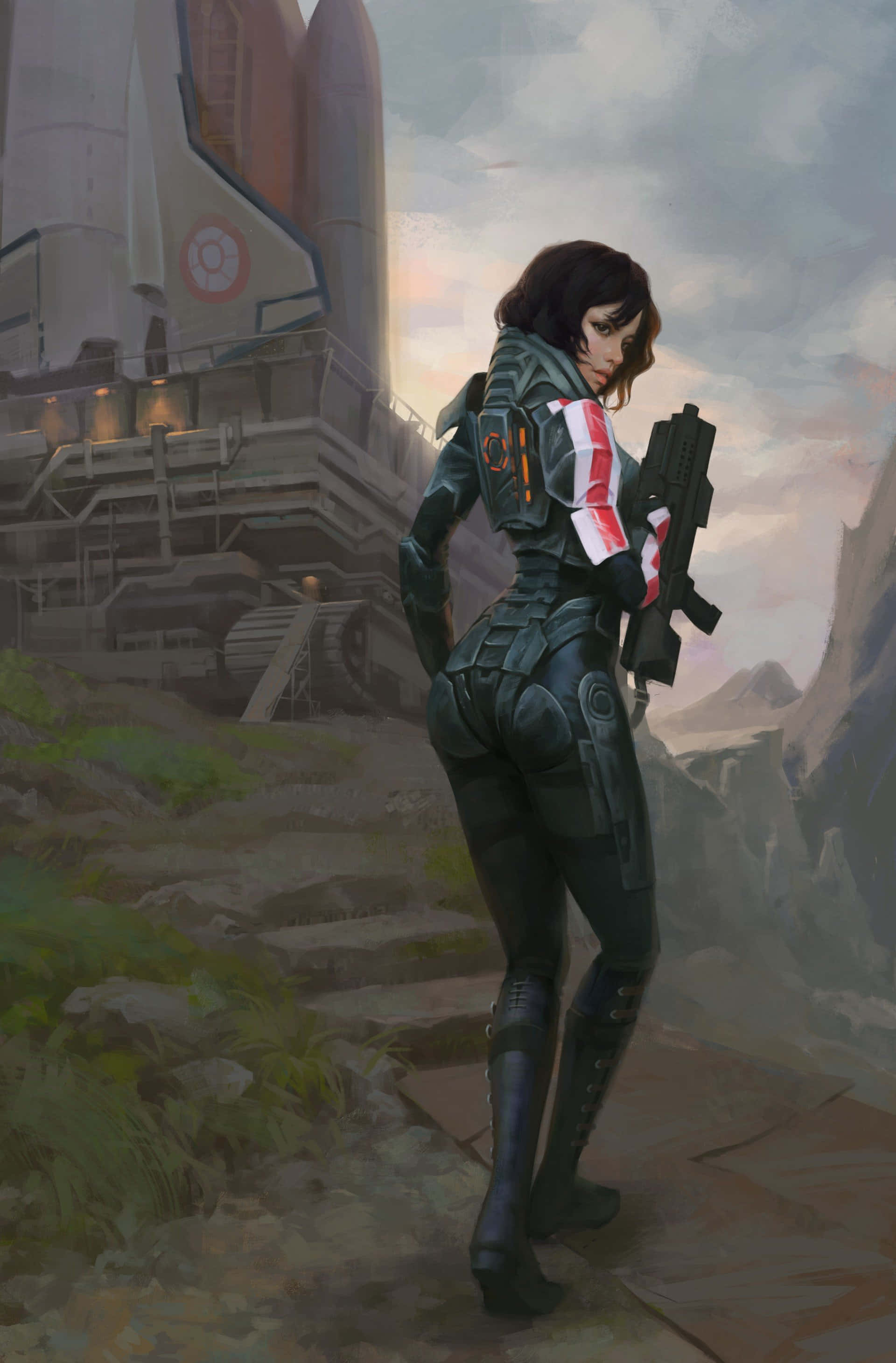 Mass Effect Femshep 桌布 壁紙 — 一名身穿未來裝甲的女兵在黃昏時分站在岩石懸崖上的火箭旁邊。