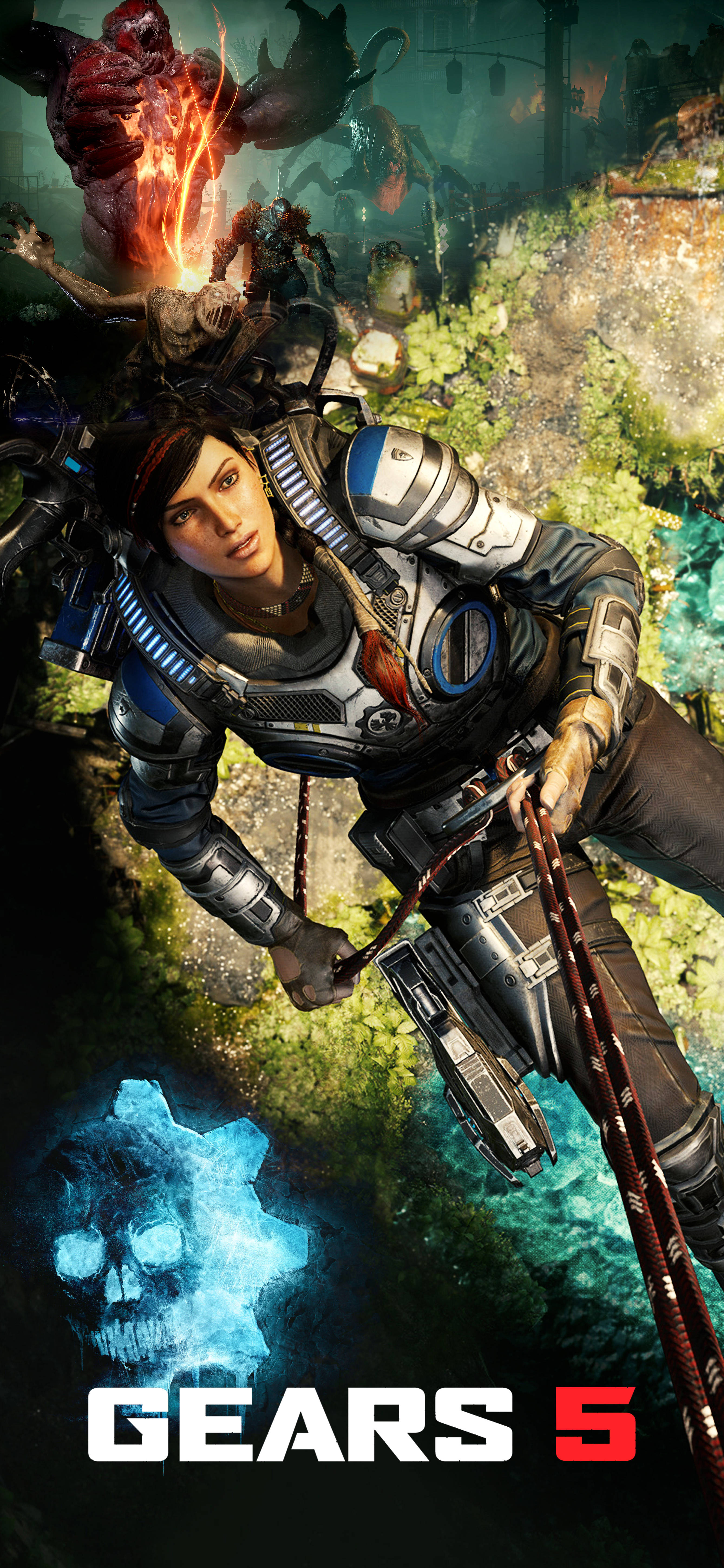 gears 5 iPhone 桌布 壁紙 — 一名身穿未來裝甲的女兵懸浮在一個發光的藍色頭骨上方，身處一個毀壞且雜草叢生的戰場，上方有一個熾熱的惡魔虎視眈眈。