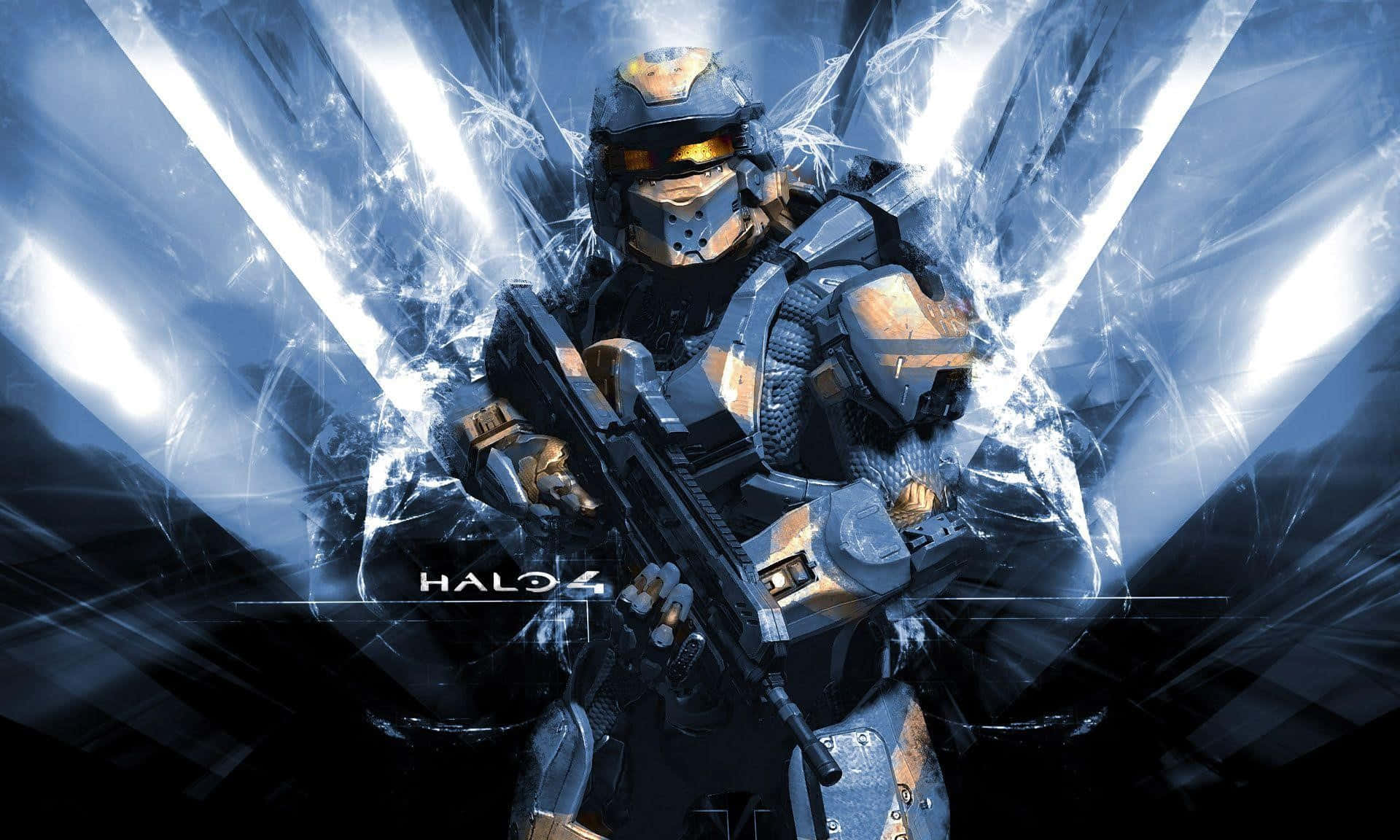Halo Red Team 桌布 壁紙 — 一名身穿未來裝甲的斯巴達戰士，在破碎玻璃背景和明亮光束中，手持步槍準備就緒。