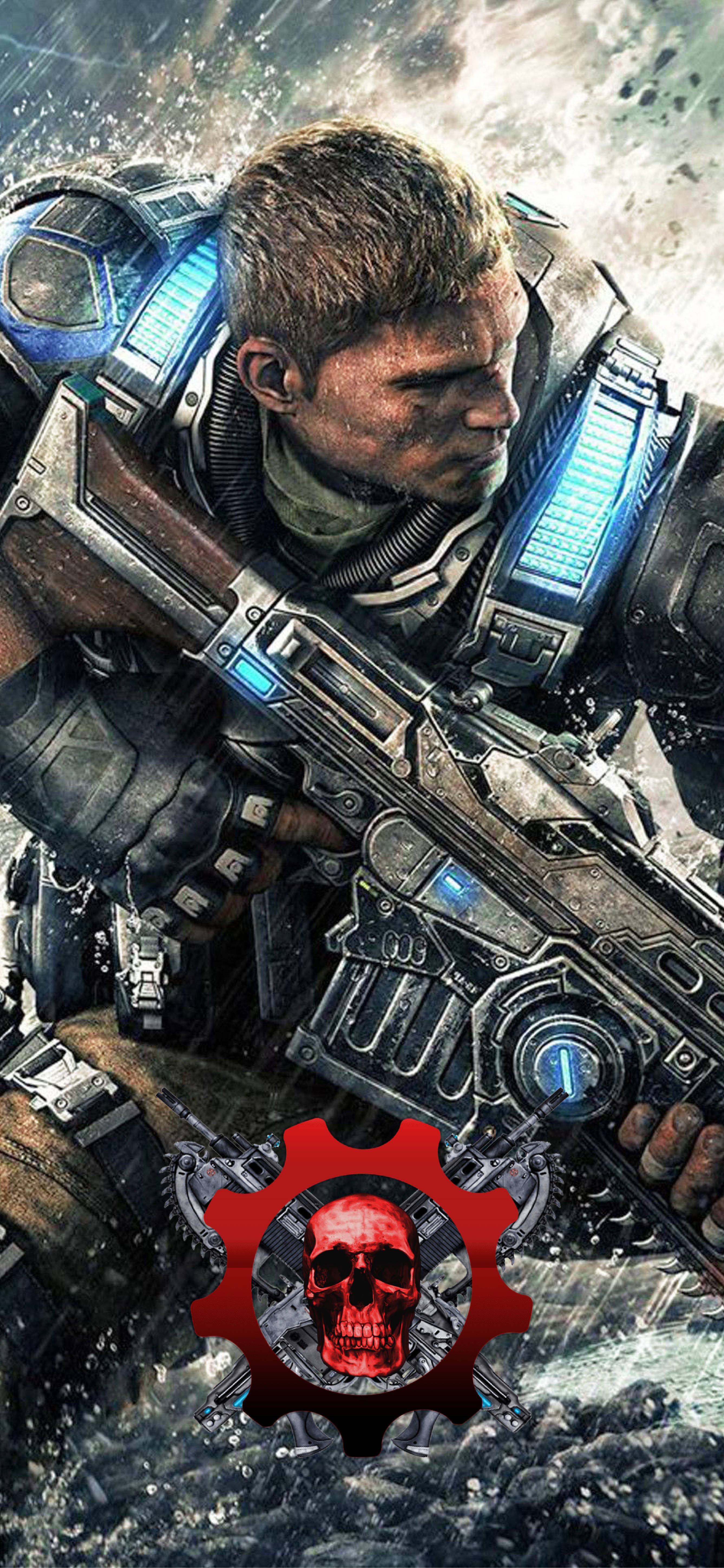 gears 5 iPhone 桌布 壁紙 — 一名身穿未來裝甲的粗獷士兵在暴風雨戰場上緊握重型武器，下方有一個紅色骷髏齒輪標誌。