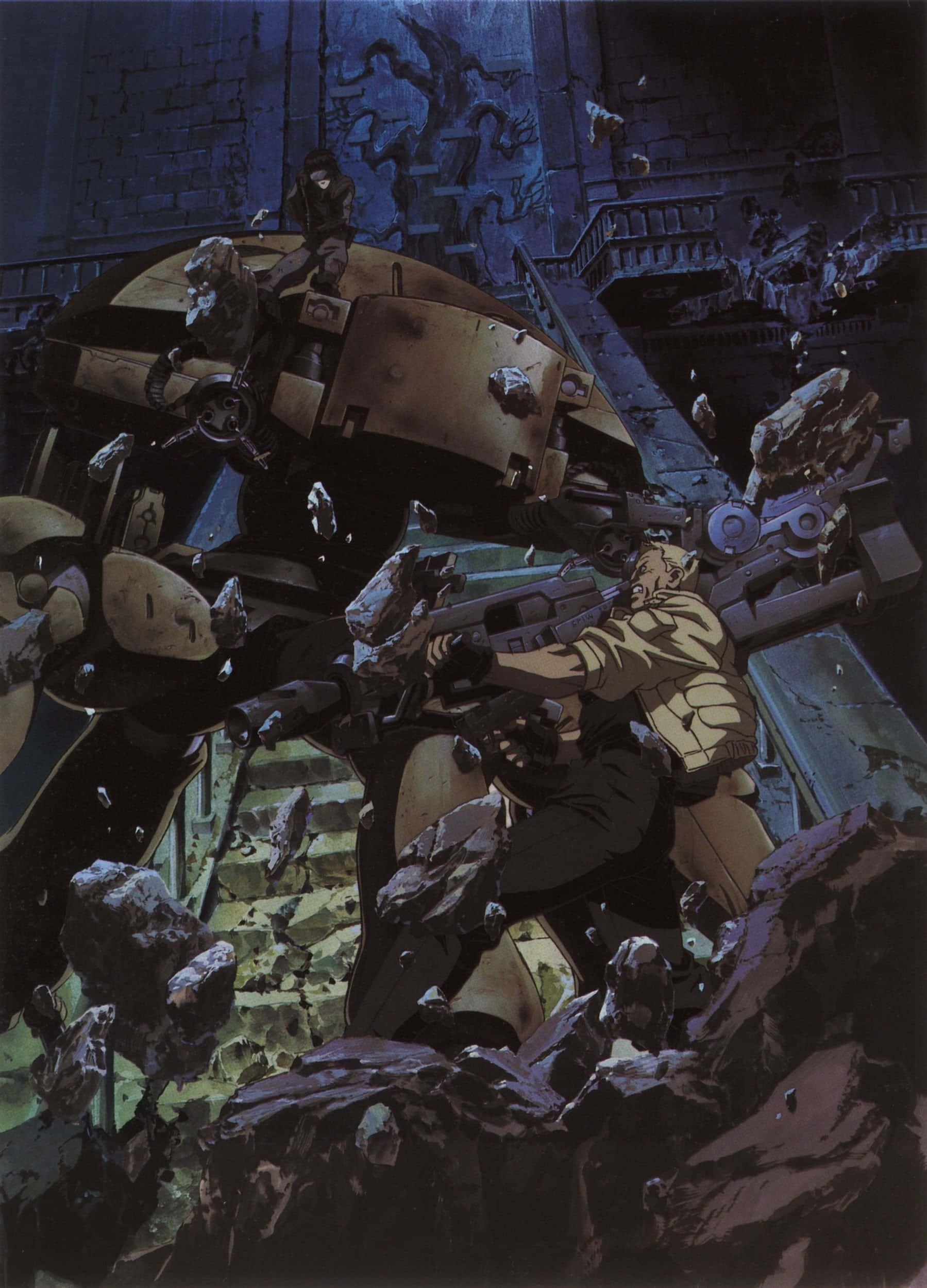 Ghost In The Shell Batou 桌布 壁紙 — 一名身穿棕褐色軍服的士兵在黑暗、廢墟般的城市環境中，在瓦礫和碎片中開槍射擊。