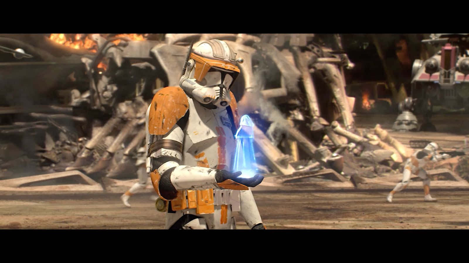 The Order 66 桌布 壁紙 — 一名身穿橙色和白色盔甲的複製人軍團士兵在充滿殘骸和火焰的戰場上手持發光的藍色水晶。