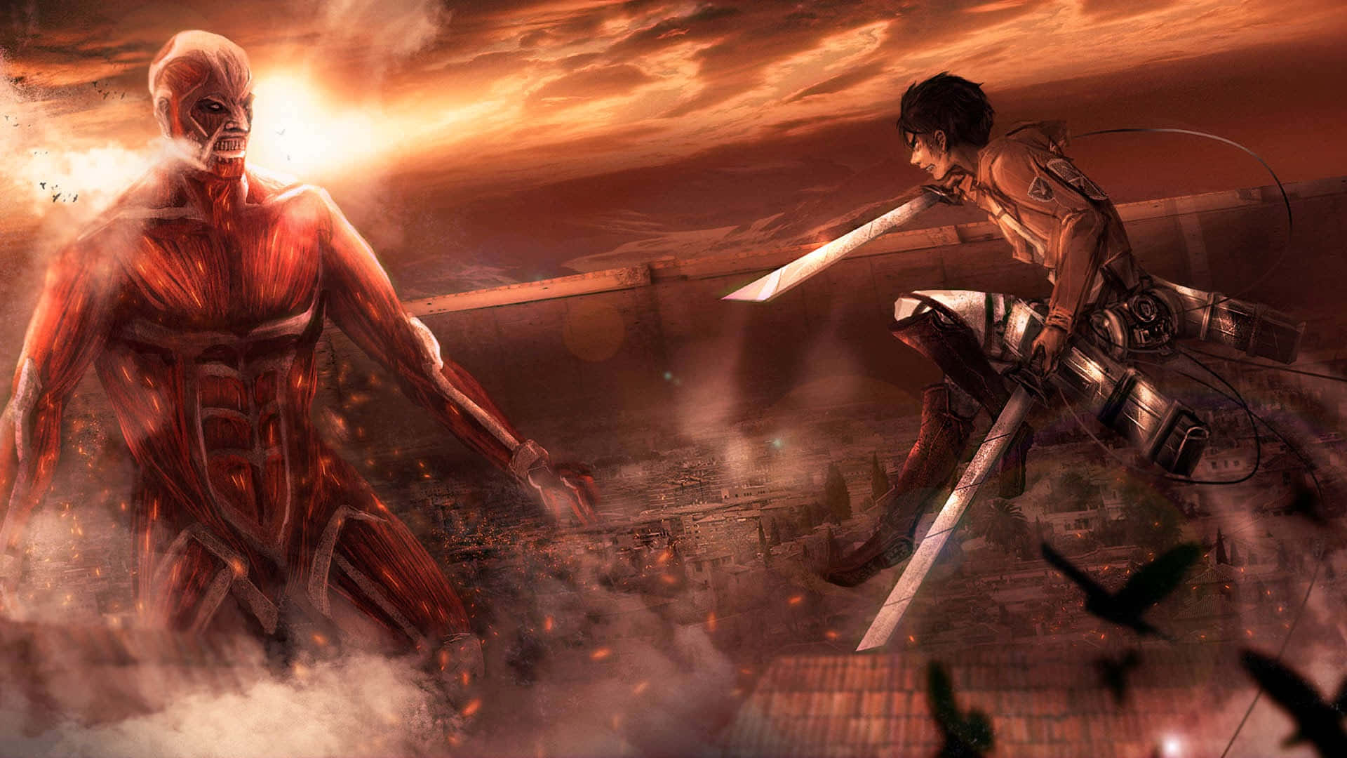 Attack On Titan Video Game 桌布 壁紙 — 一名身穿機械裝甲的戰士，在廢墟城市上空火紅橙色的夕陽下，揮砍一個巨大的類人泰坦。