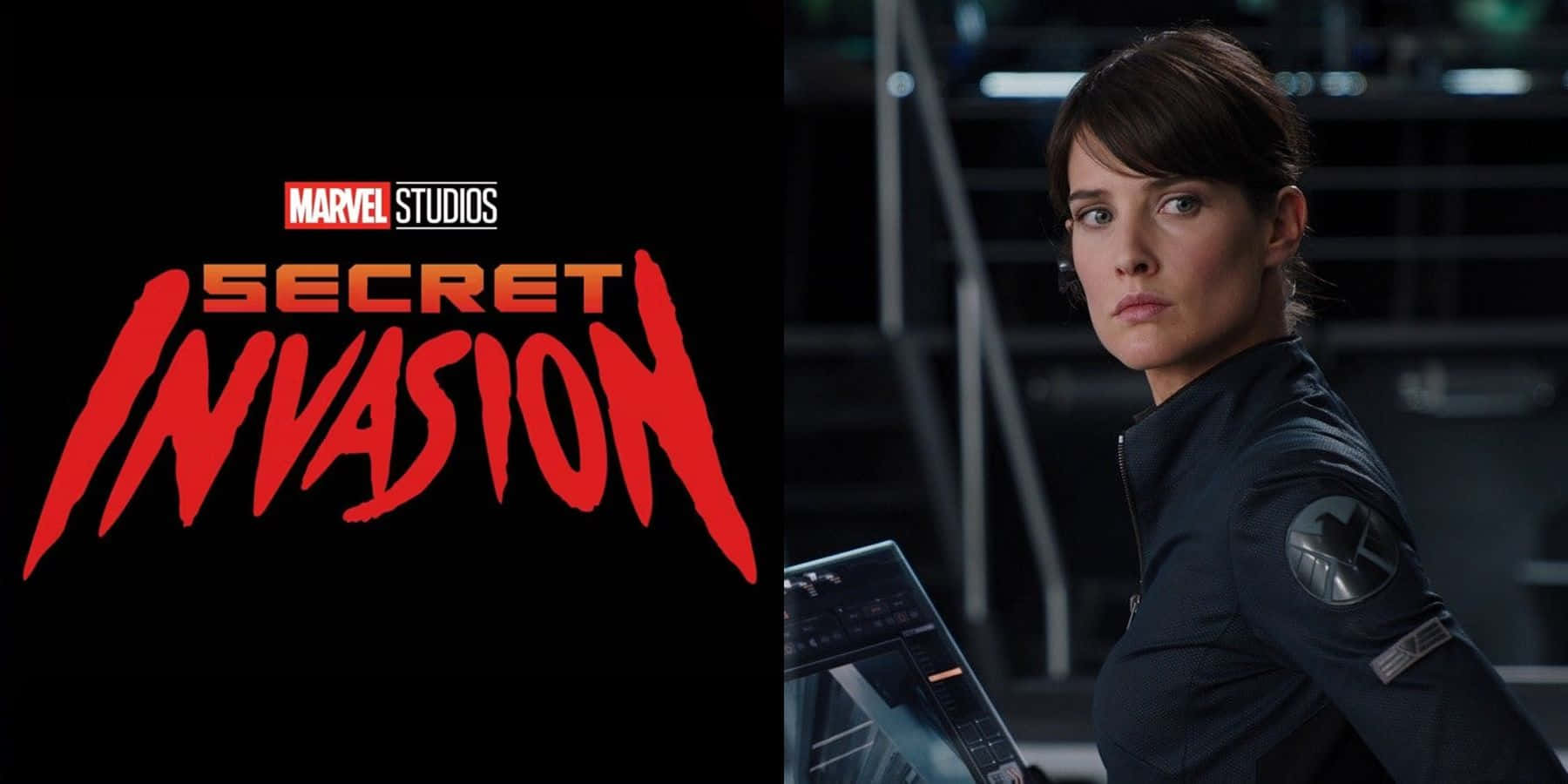 Secret Invasion 桌布 壁紙 — 一名身穿深色S.H.I.E.L.D.制服嘅女人喺高科技控制室入面企喺紅色嘅「Secret Invasion」Marvel Studios標誌旁邊保持警覺。