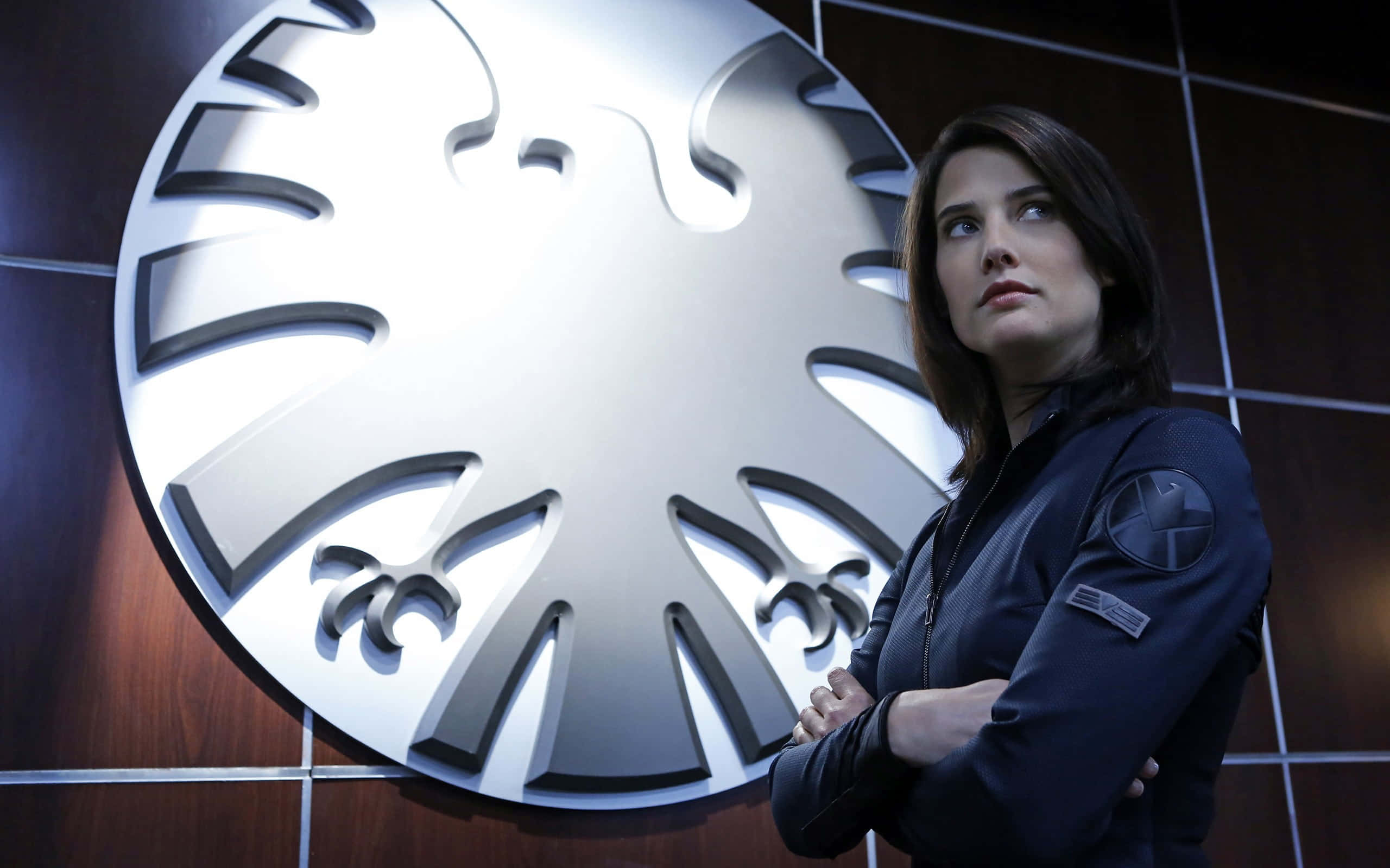 Cobie Smulders 桌布 壁紙 — 一名身穿深色制服嘅女人交叉雙臂企喺木牆上一個發光嘅銀色盾牌徽章前面。