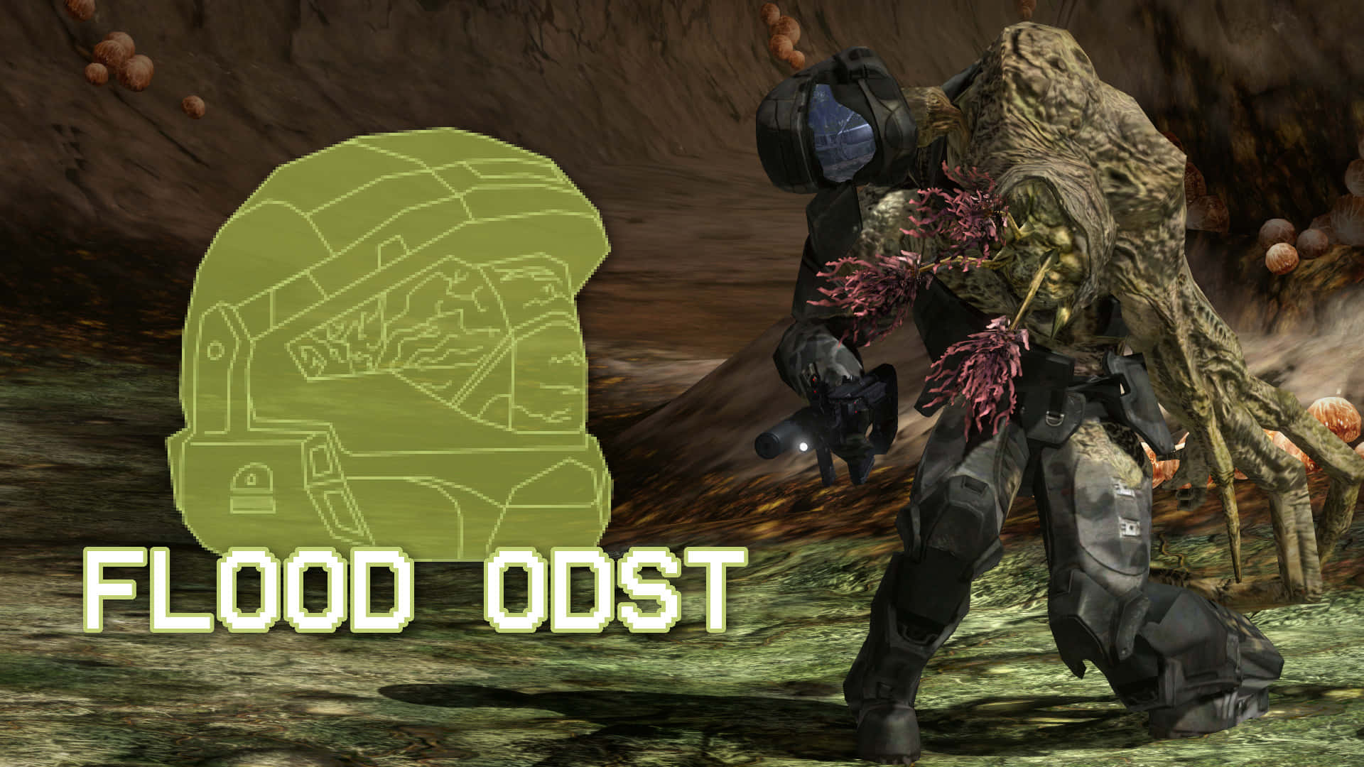 Halo Flood 桌布 壁紙 — 一名身穿深色盔甲的Halo ODST士兵站在發光綠色Flood頭盔輪廓旁，帶有「FLOOD ODST」文字。