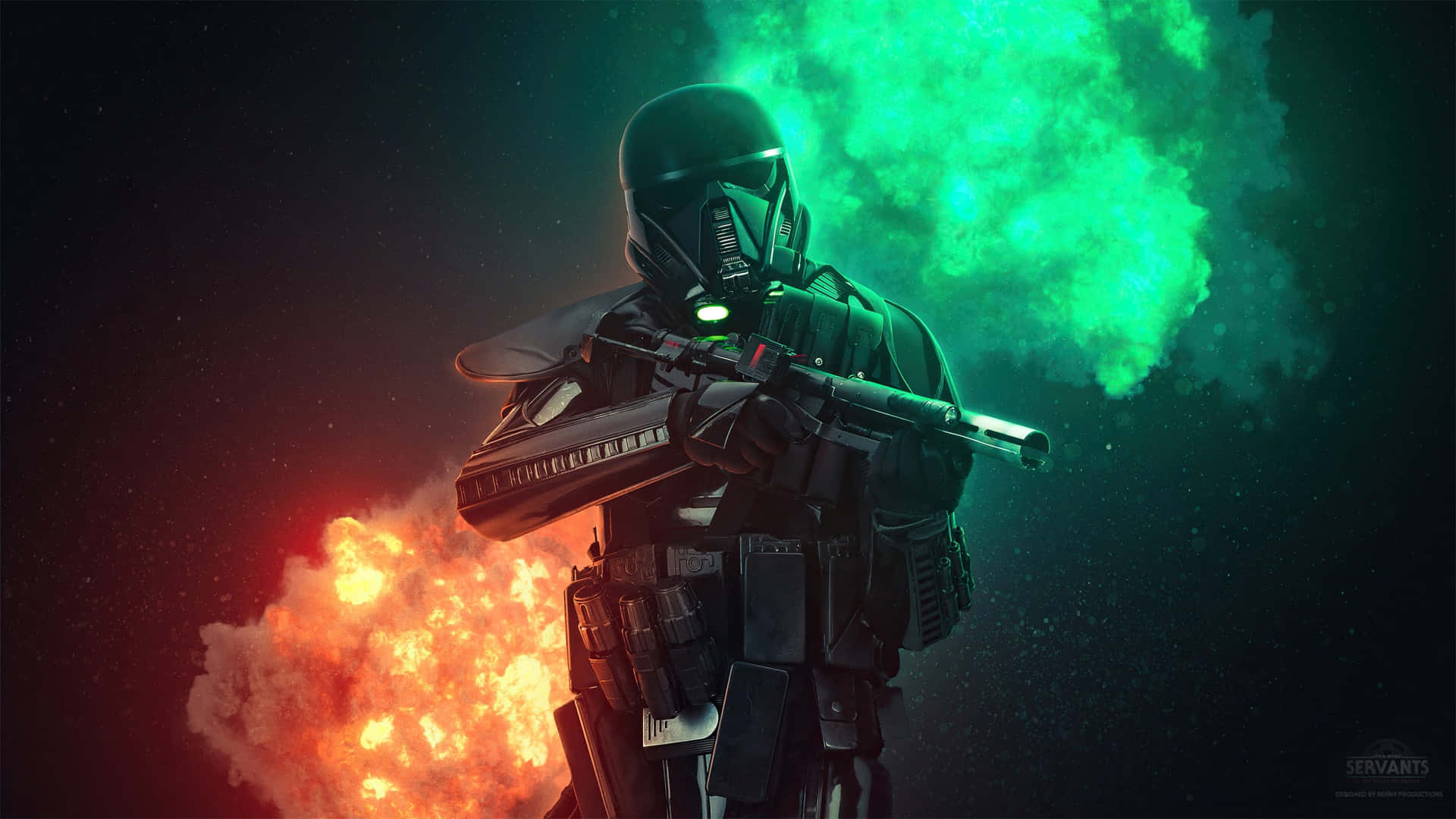 Imperial Army 桌布 壁紙 — 一名身穿深色盔甲的士兵站在太空中，手持爆能槍，身後有綠色和橙色的爆炸爆發。