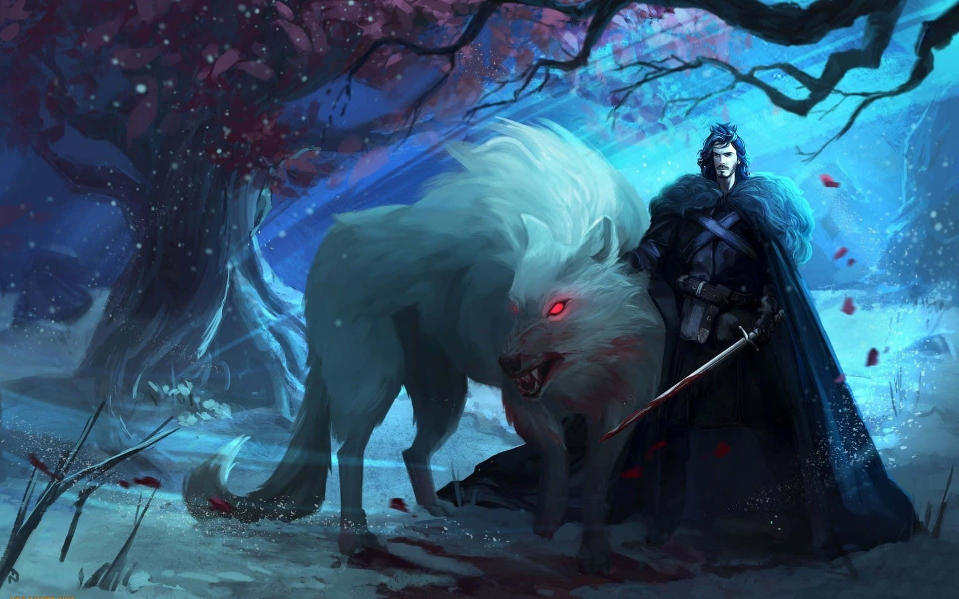 Dire Wolf 桌布 壁紙 — 一名身穿深色衣服的戰士站在一隻擁有發光紅眼的巨大白狼旁邊，身處雪地森林，天空暮色蒼茫。