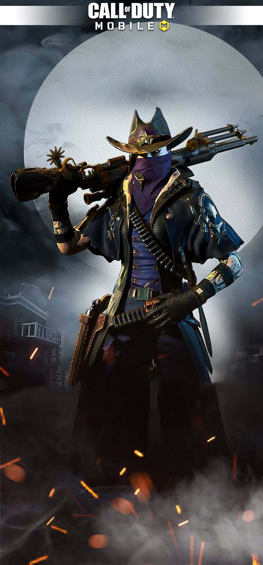 Cod Mobile Character Skins 桌布 壁紙 — 一名身穿深色裝備、戴著紫色頭巾的牛仔士兵，在發光的月亮下準備好步槍和霰彈槍。