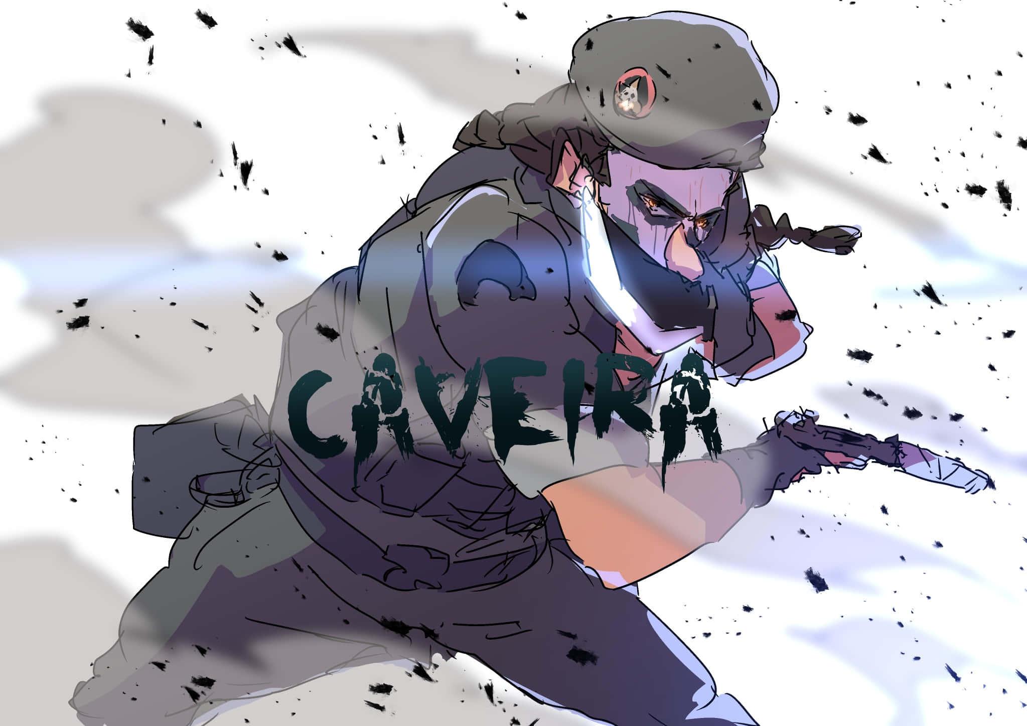 Rainbow Six Siege Caveira 桌布 壁紙 — 一名身穿灰色制服和帽子的動漫風格士兵蹲在行動中，在飛揚的碎片和煙霧中開槍射擊。