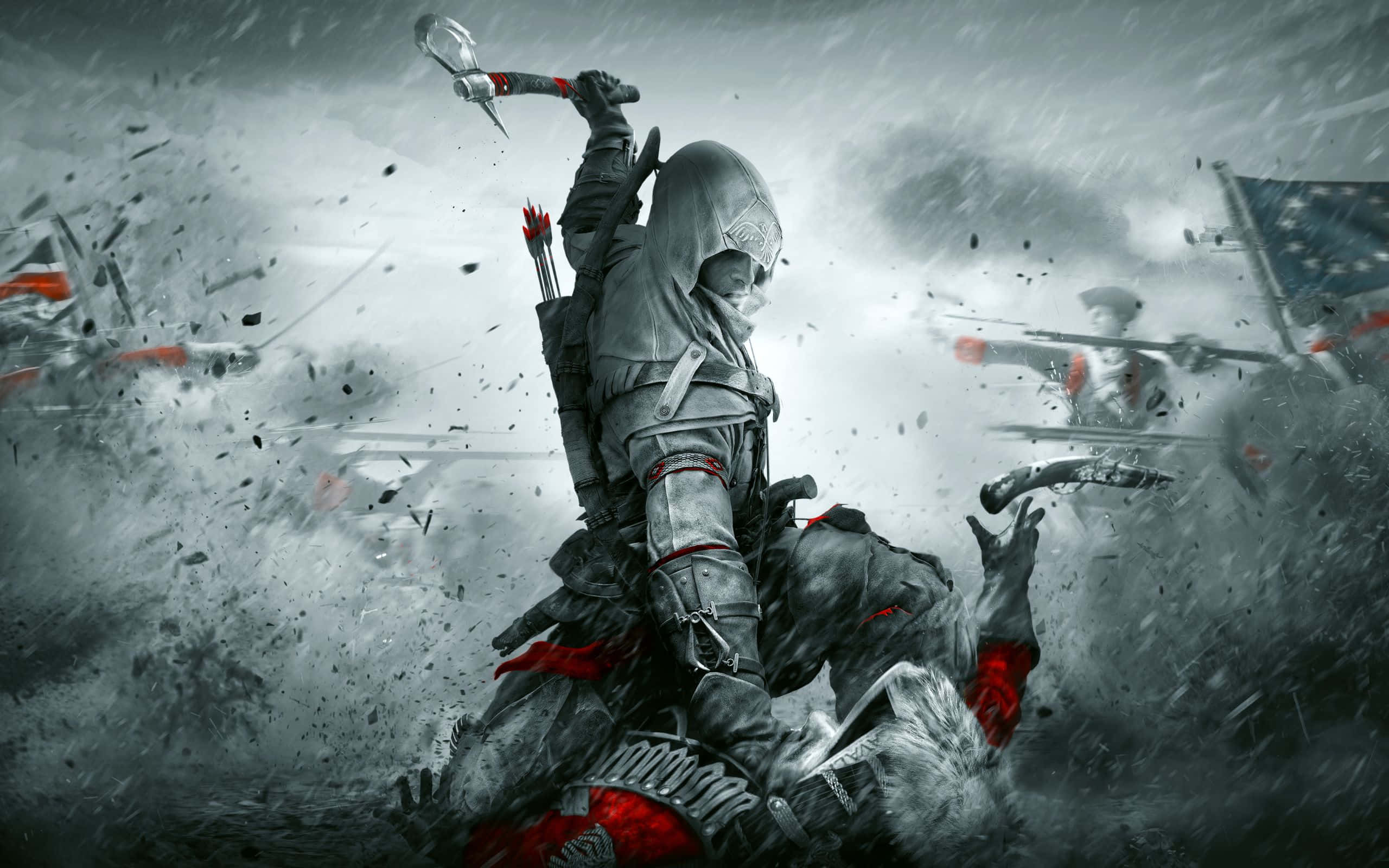 Connor Kenway 桌布 壁紙 — 一名身穿灰色和紅色裝備的兜帽刺客，在充滿飛揚碎片和武裝士兵的混亂戰場上揮舞著隱藏刀刃。