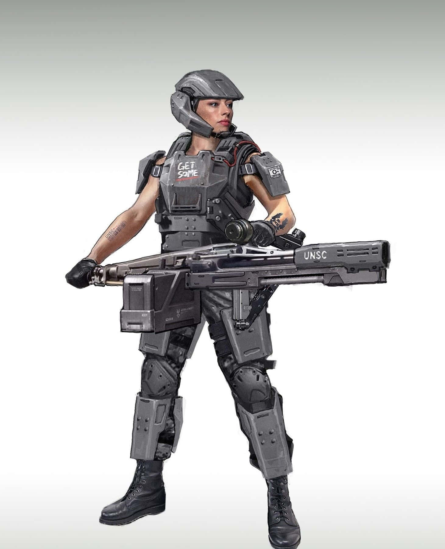 Halo Unsc 桌布 壁紙 — 一名身穿灰色戰術裝備的女兵，在純色背景前手持大型UNSC武器。