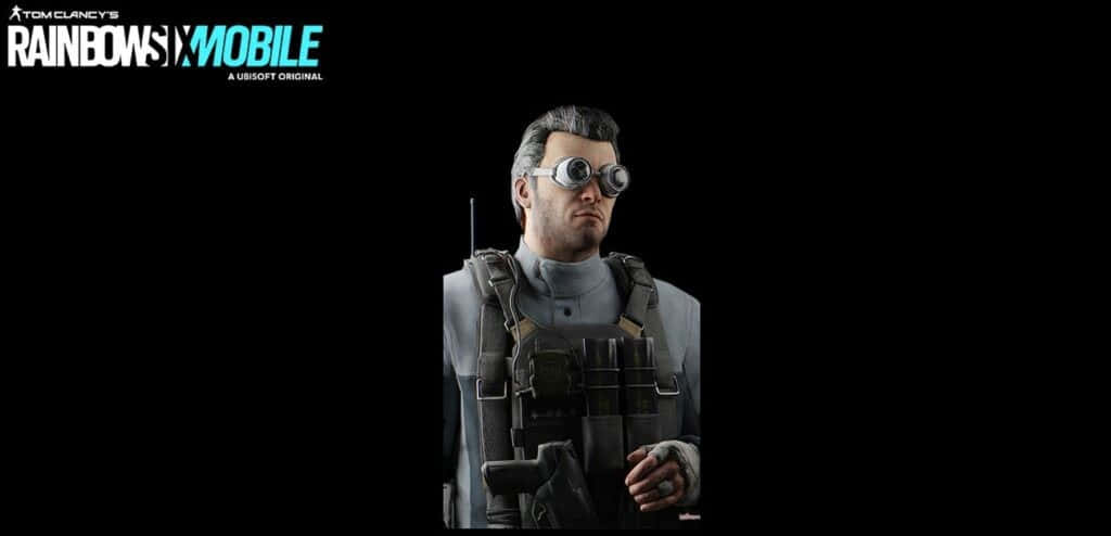 Rainbow Six Siege Thermite 桌布 壁紙 — 一名身穿灰色背心及護目鏡的戰術特勤人員站在黑色背景前，上方有Rainbow Six Mobile標誌。