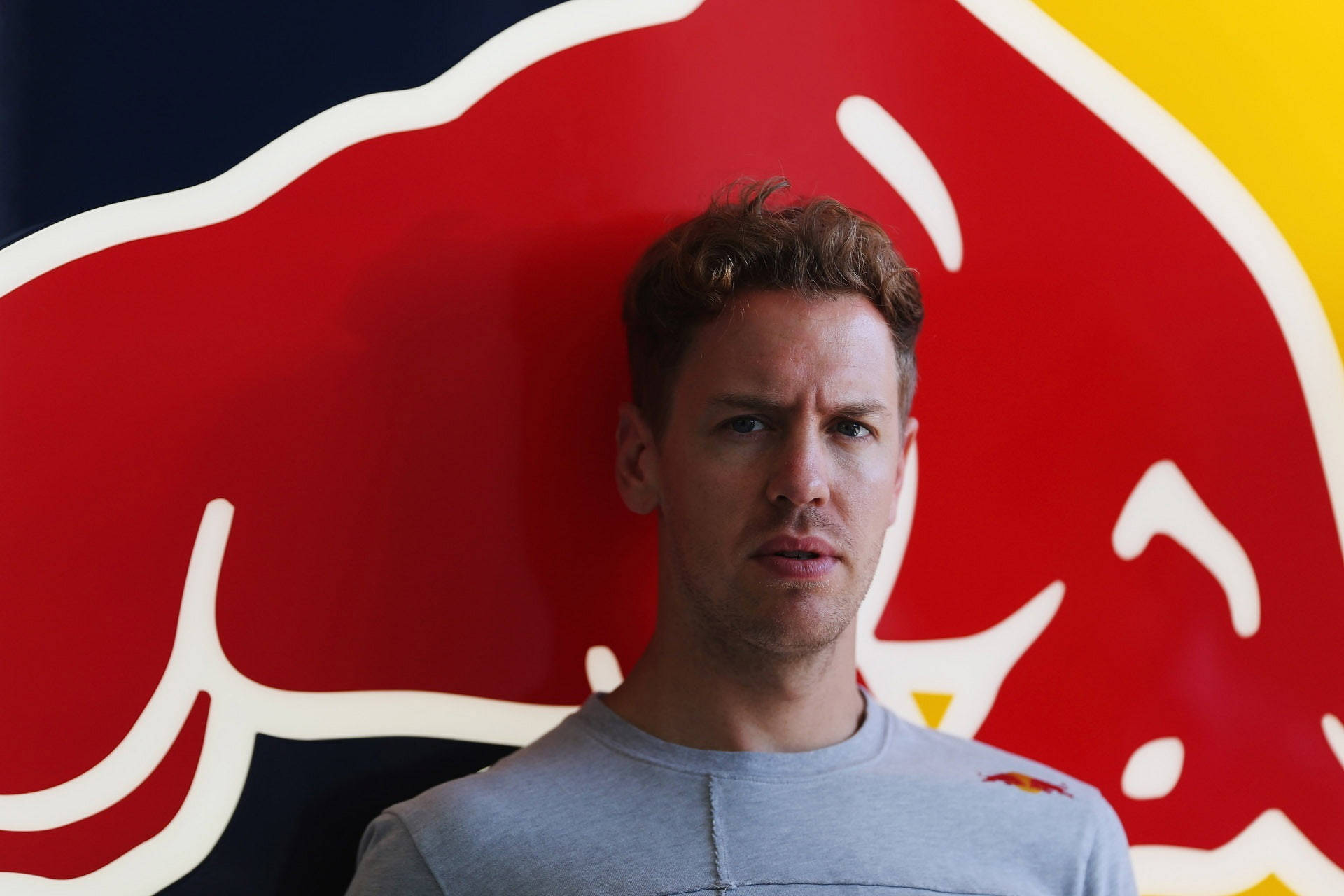 sebastian vettel 桌布 壁紙 — 一名身穿灰色襯衫的男子站在一面大膽的紅、黃、黑色公牛標誌牆前。