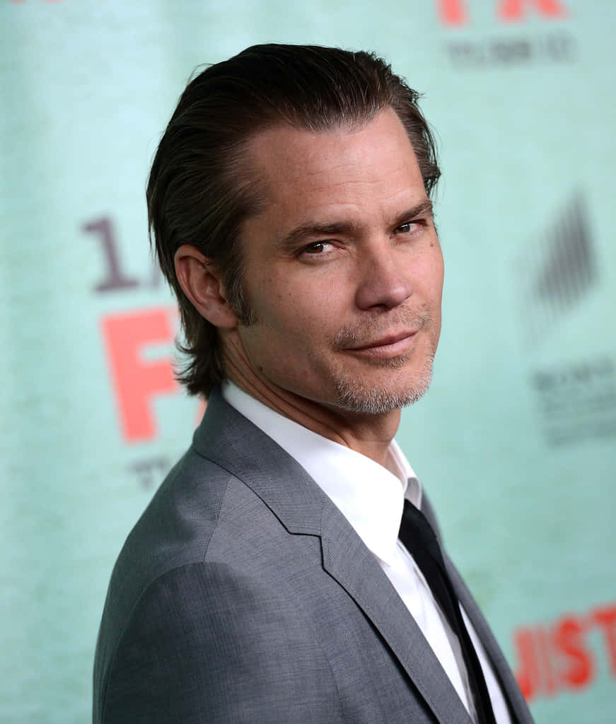timothy olyphant 桌布 壁紙 — 一名身穿灰色西裝、打黑色領帶的男子，在淺綠色背景的紅地毯活動上自信地擺姿勢。