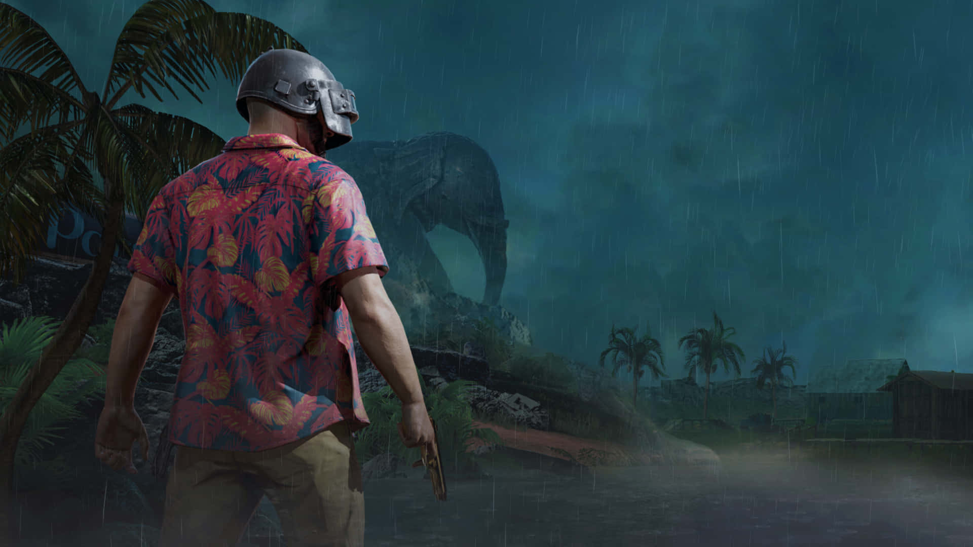 Pubg Banner 桌布 壁紙 — 一名身穿熱帶襯衫和頭盔的玩家站在雨中，在夜晚霧濛濛的叢林中面對一頭巨象。