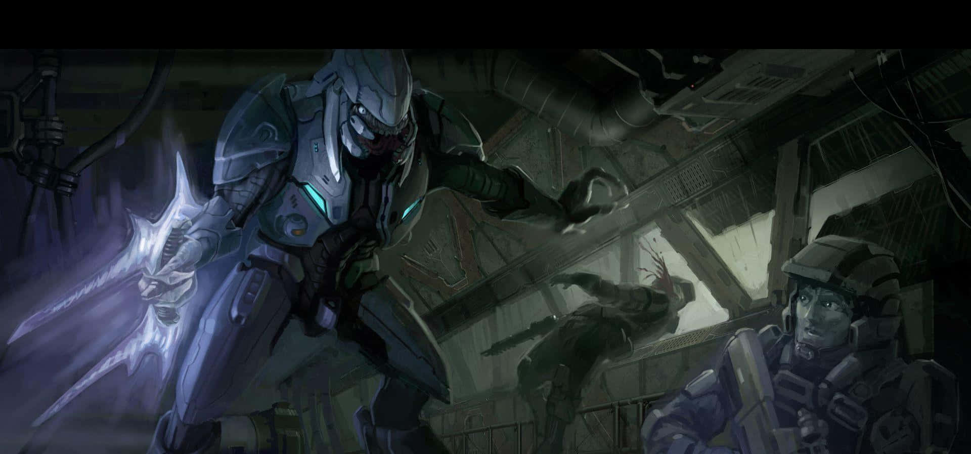 Halo Covenant 桌布 壁紙 — 一名身穿發光盔甲的未来士兵在昏暗的工業走廊中揮舞等離子劍，另一名士兵在旁觀看。